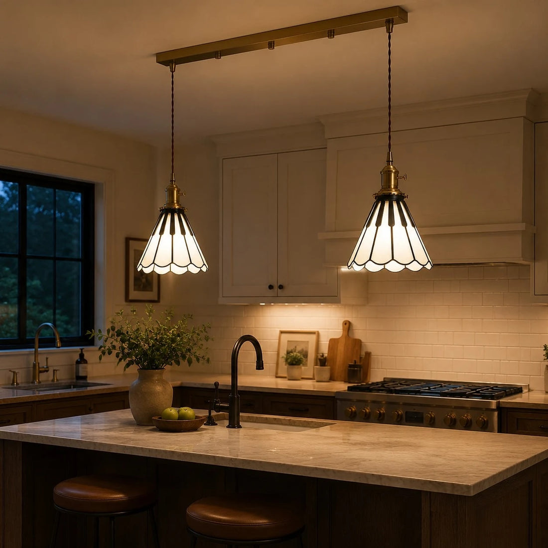 Double fluted pendants in a warm kitchen