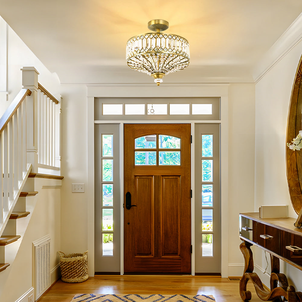 Crystal Drum Ceiling Light –  Glass Semi Flush Mount Lamp for Hallway