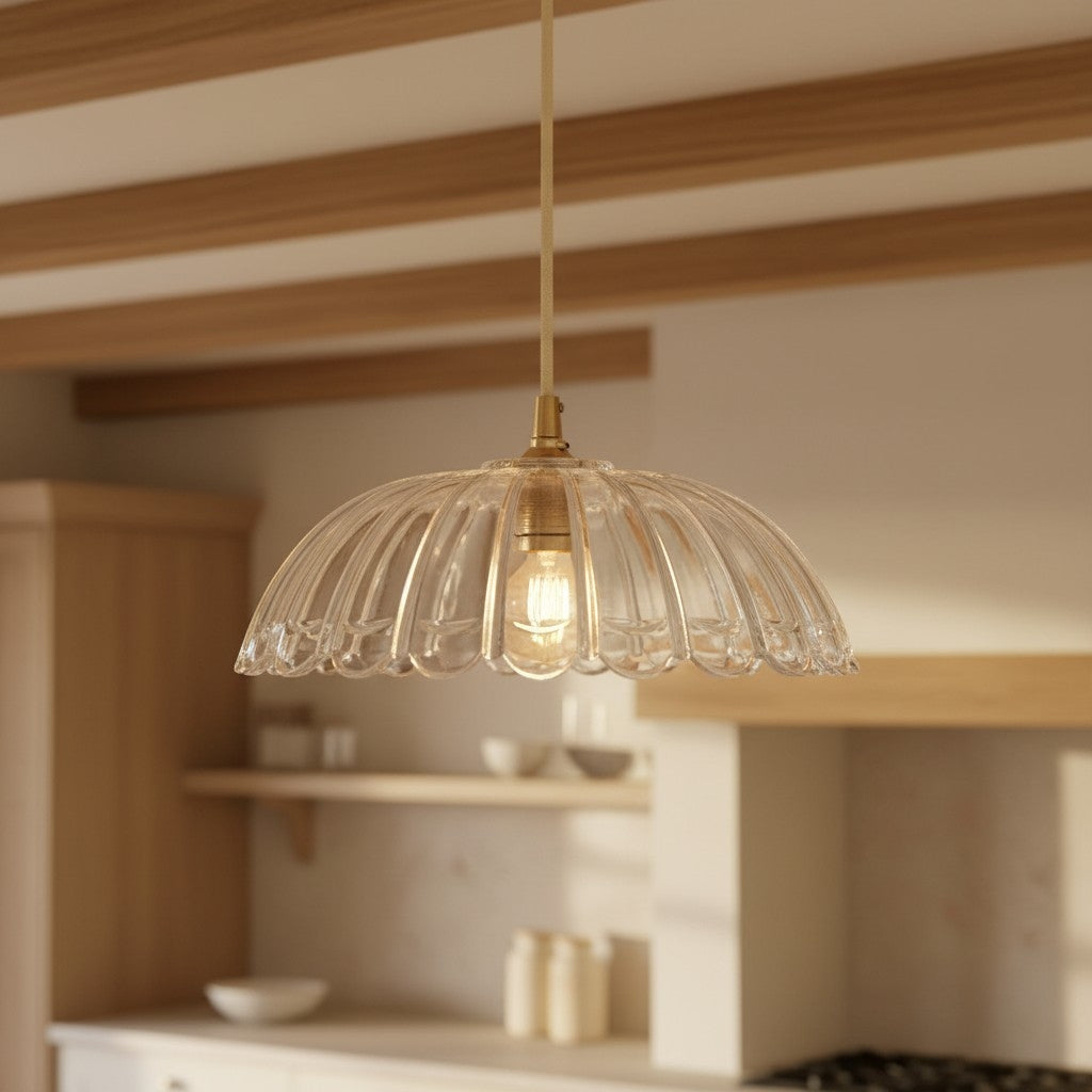 Floriaxis Floral Glass Pendant Light - Floral Glass Shade with Braided Cable for Kitchen or Dining