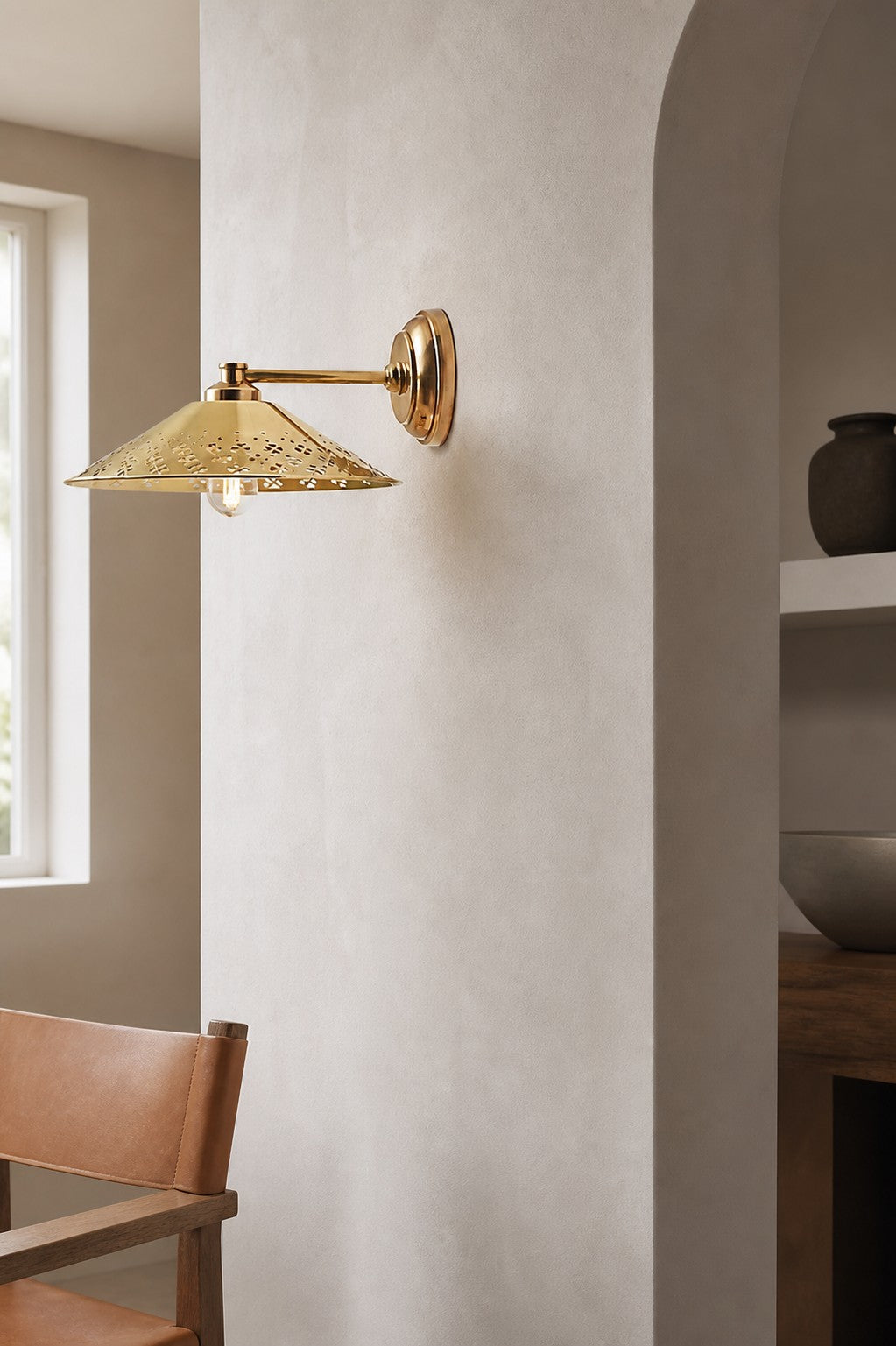 Auriglow Modern Wall Sconce – Brass Perforated Light for Bedroom or Hallway