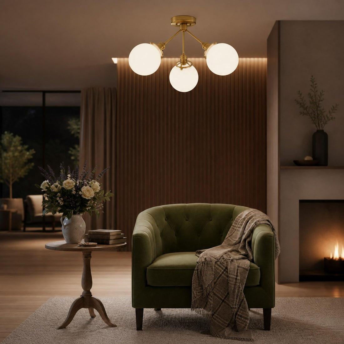 Glorica Glass Chandelier - Brass Globe Ceiling Light with Opal Shade