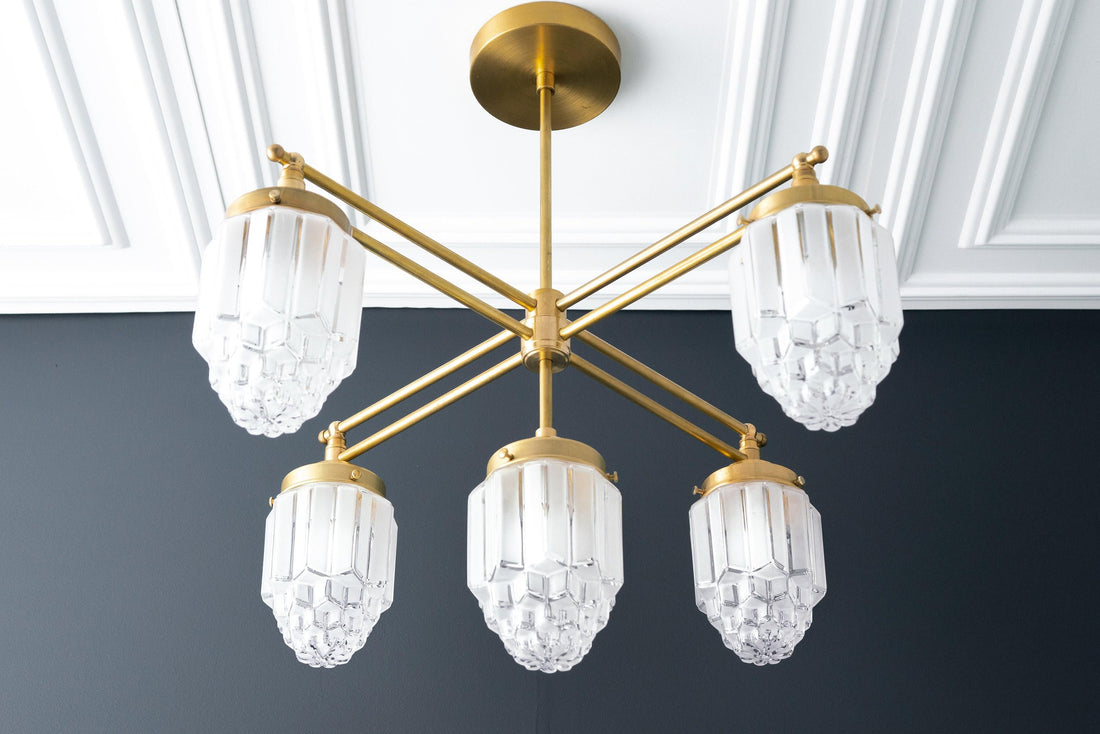 Tierlux Glass Chandelier – Vintage Brass Globe Lighting Fixture