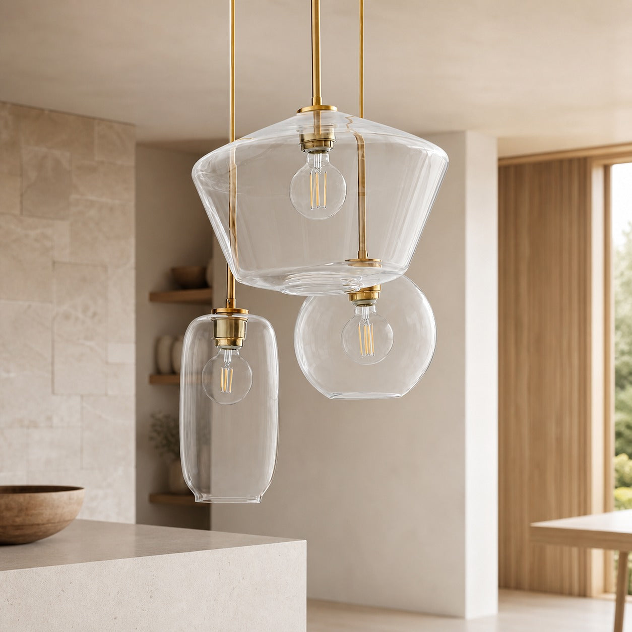 Merin Mixed Sculpture Glass and Metal Triple Chandelier
