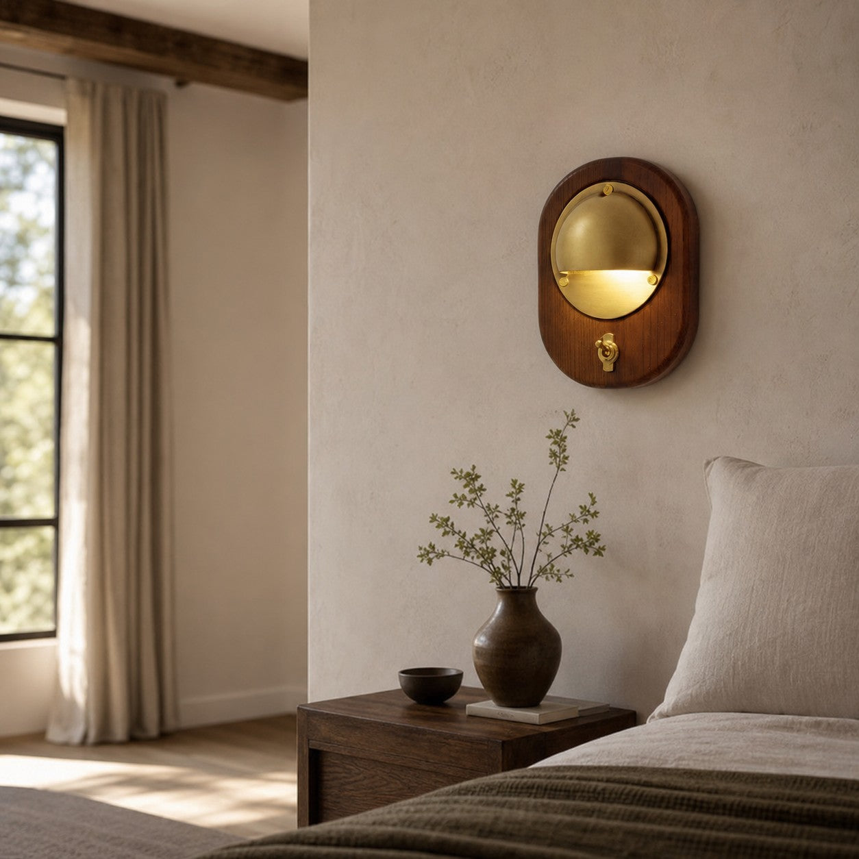 Ivoran Modern Wall Sconce - Ash Wood and Brass Spherical Lamp for Bedroom and Hallway