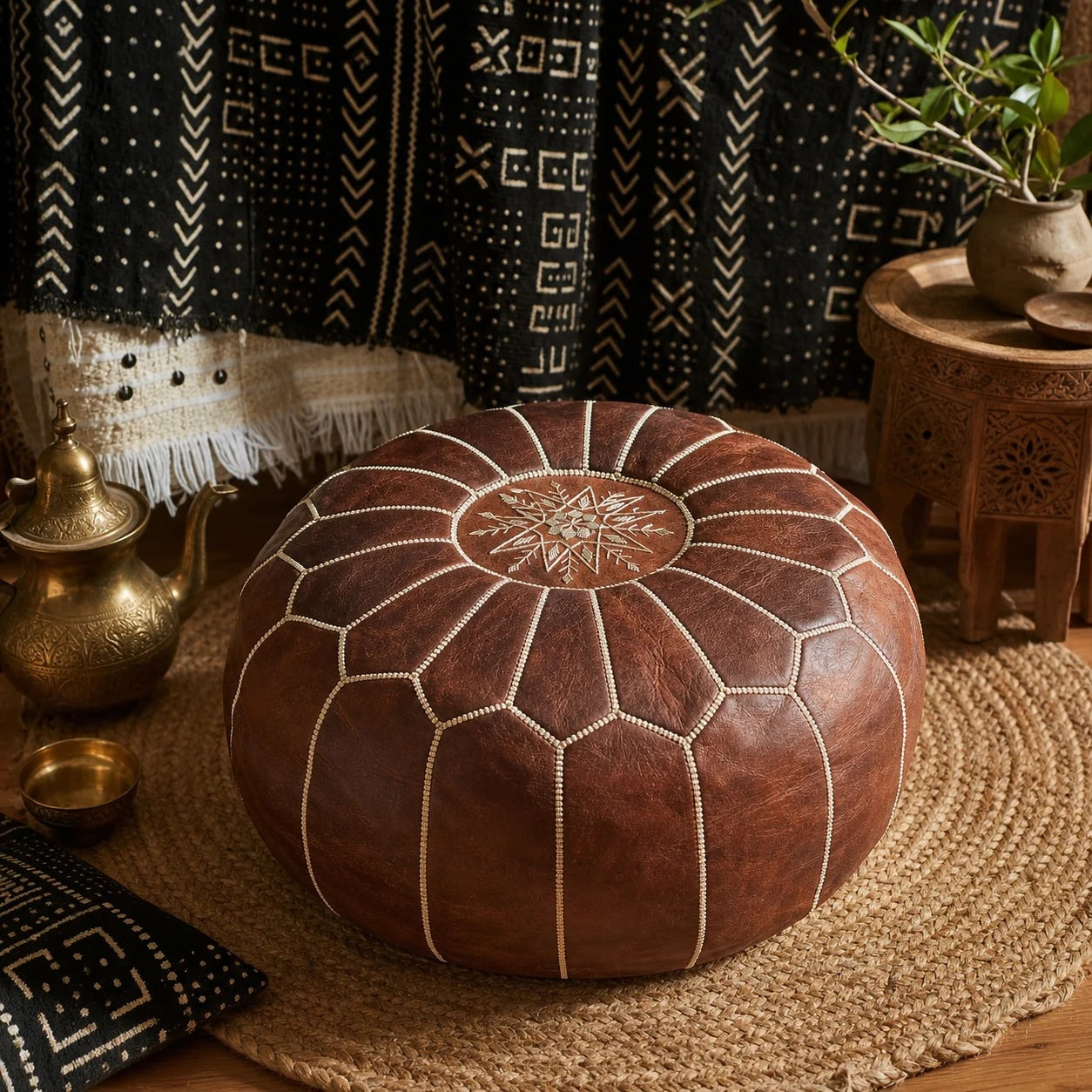 brown Moroccan pouf room scene
