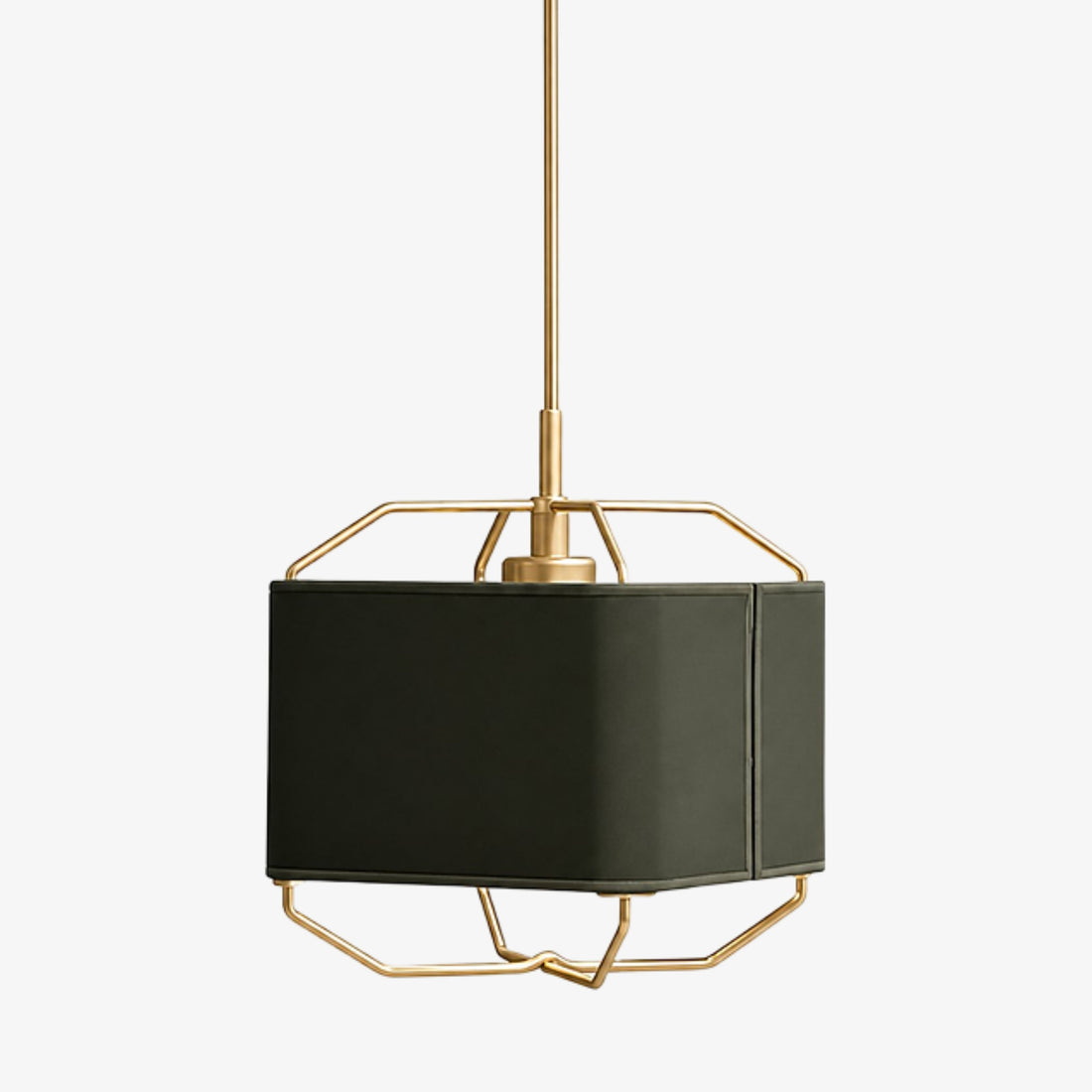 Dark green square leather pendant lamp with brass frame