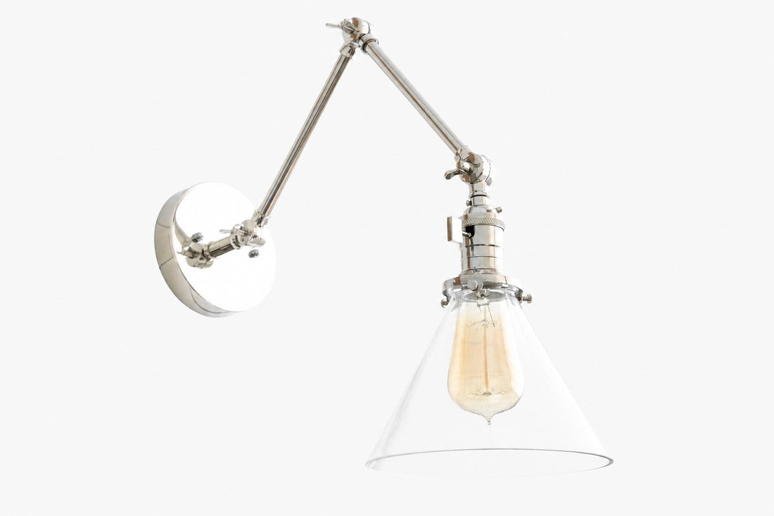 Conique Metal Industrial Wall Sconce with Adjustable Arm - Vintage Glass Cone Shade