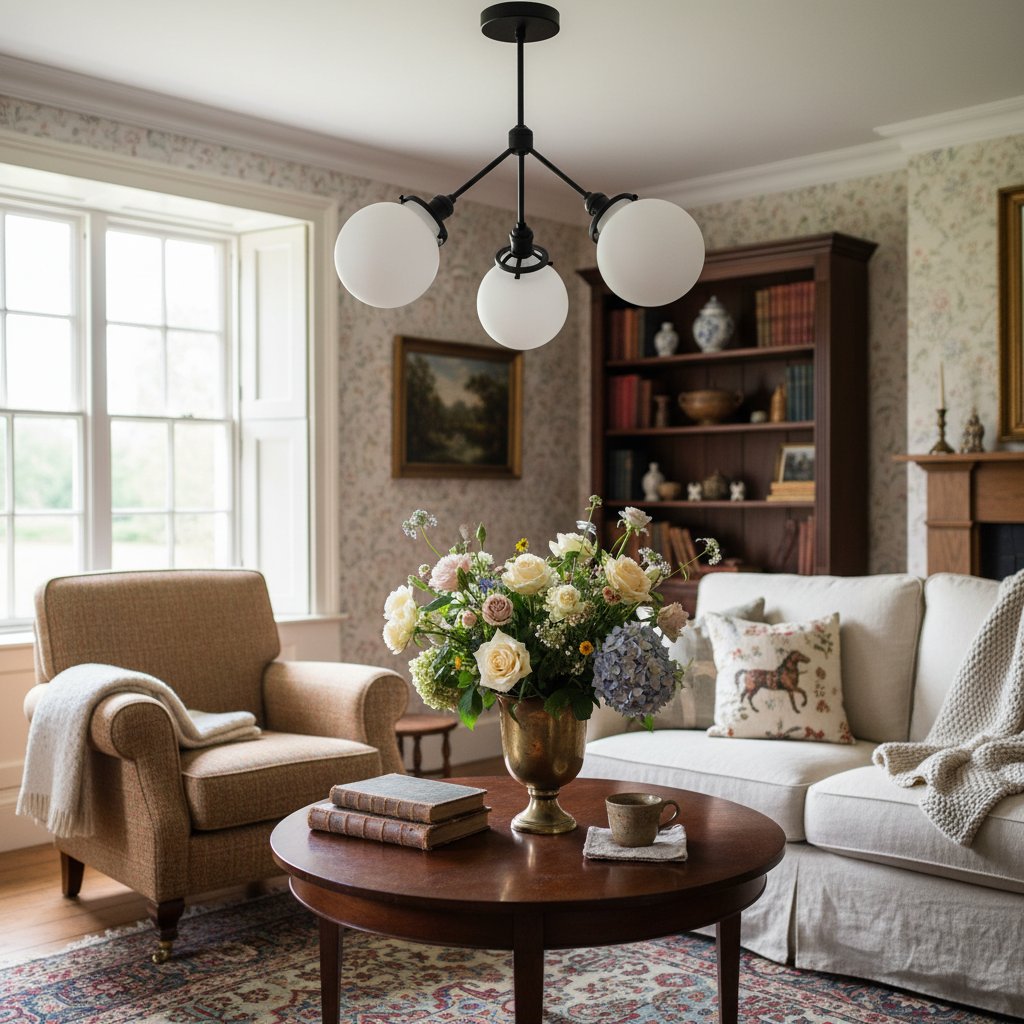 Glorica Glass Chandelier - Brass Globe Ceiling Light with Opal Shade