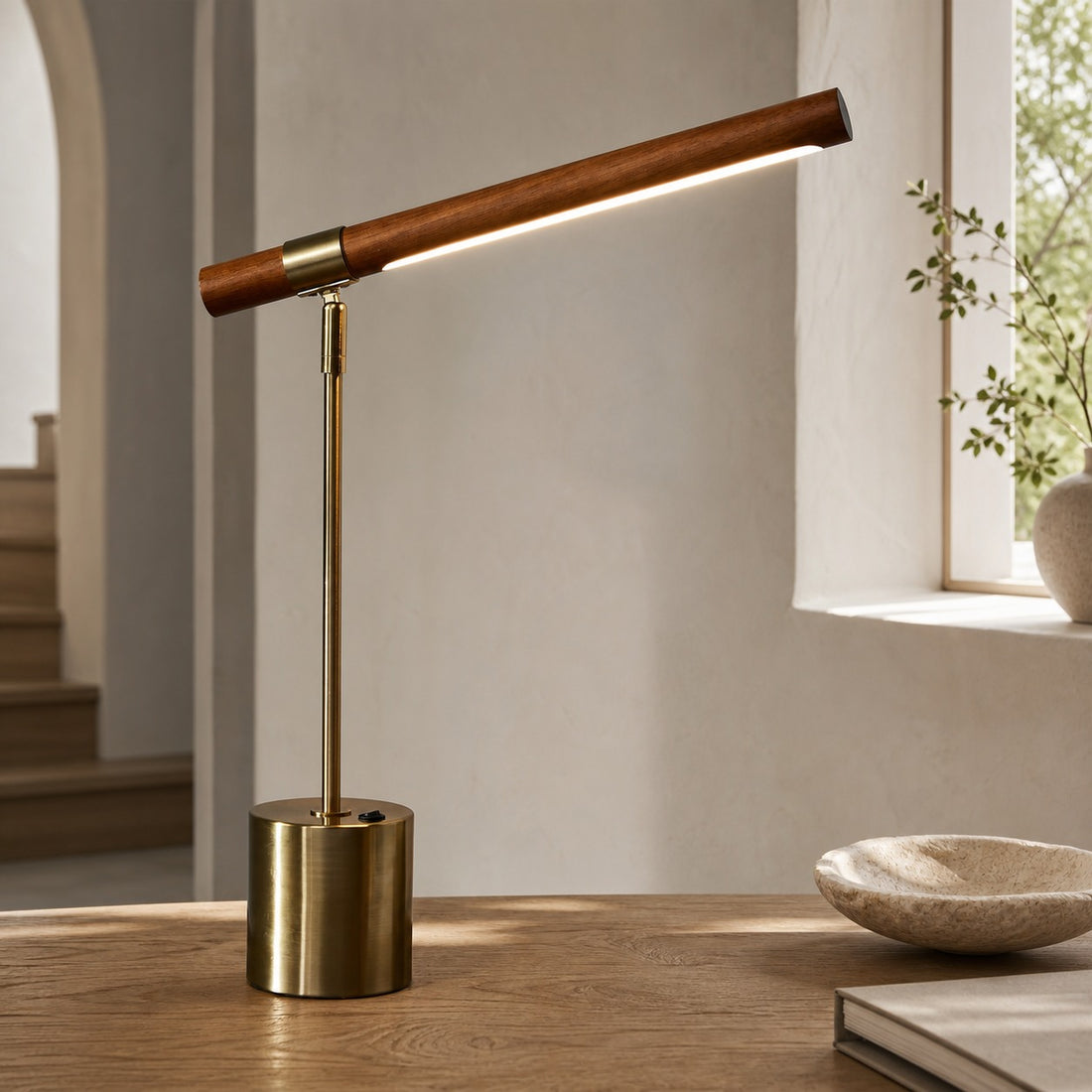 Moss Modern Linear Wood LED Table Lamp – Adjustable Swivel, USB Charging