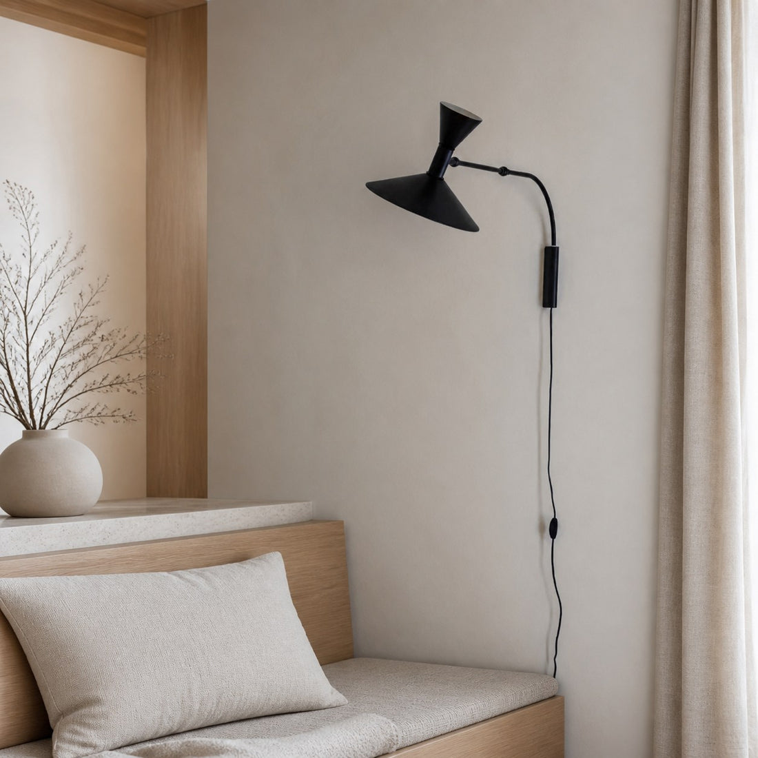 Ivoran Plug-In Swing Arm Wall Sconce - Metal Cone Adjustable Reading Light for Bedroom and Study