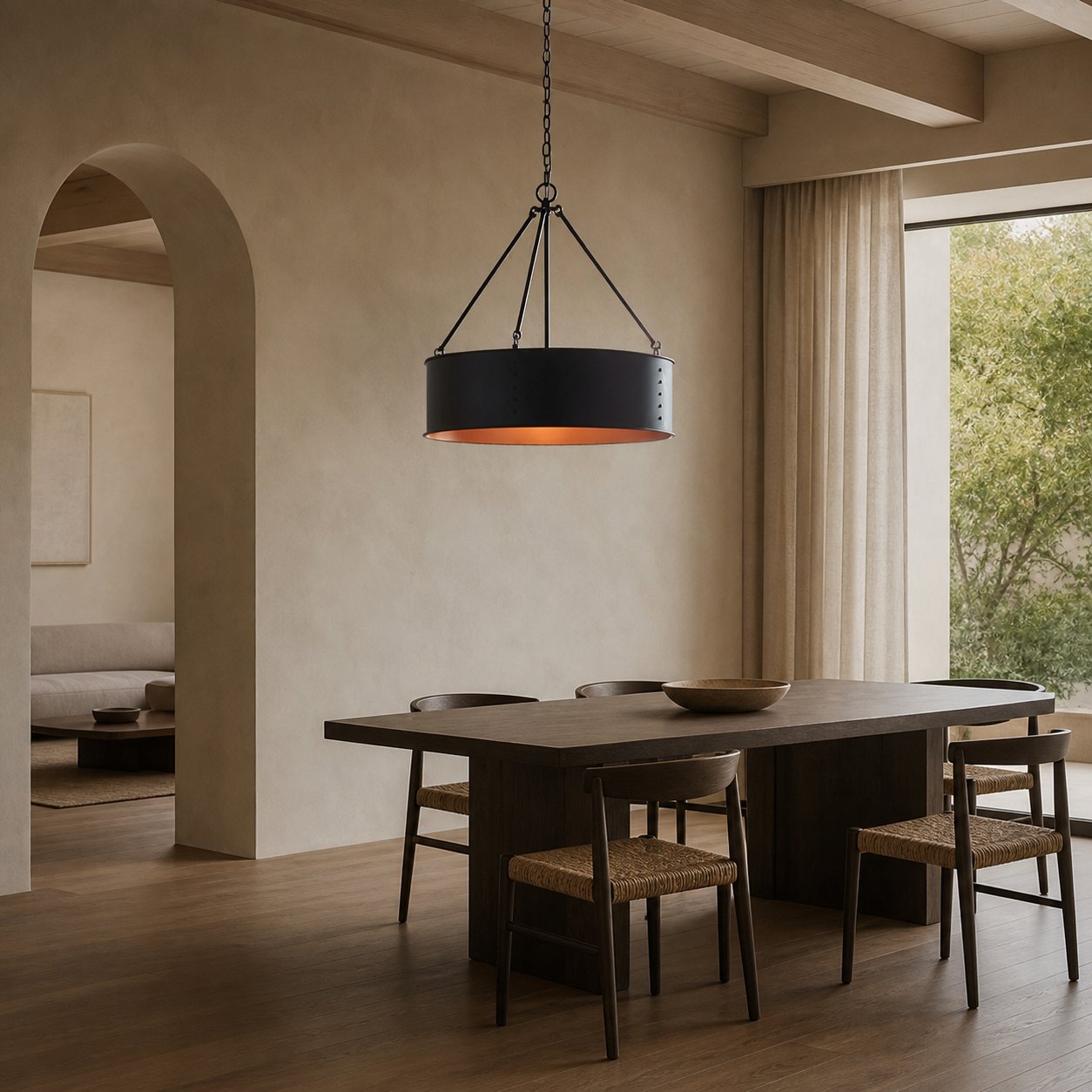 Dravik Contemporary Industrial Drum Pendant — Black Metal Pendant for Living or Dining Room U06