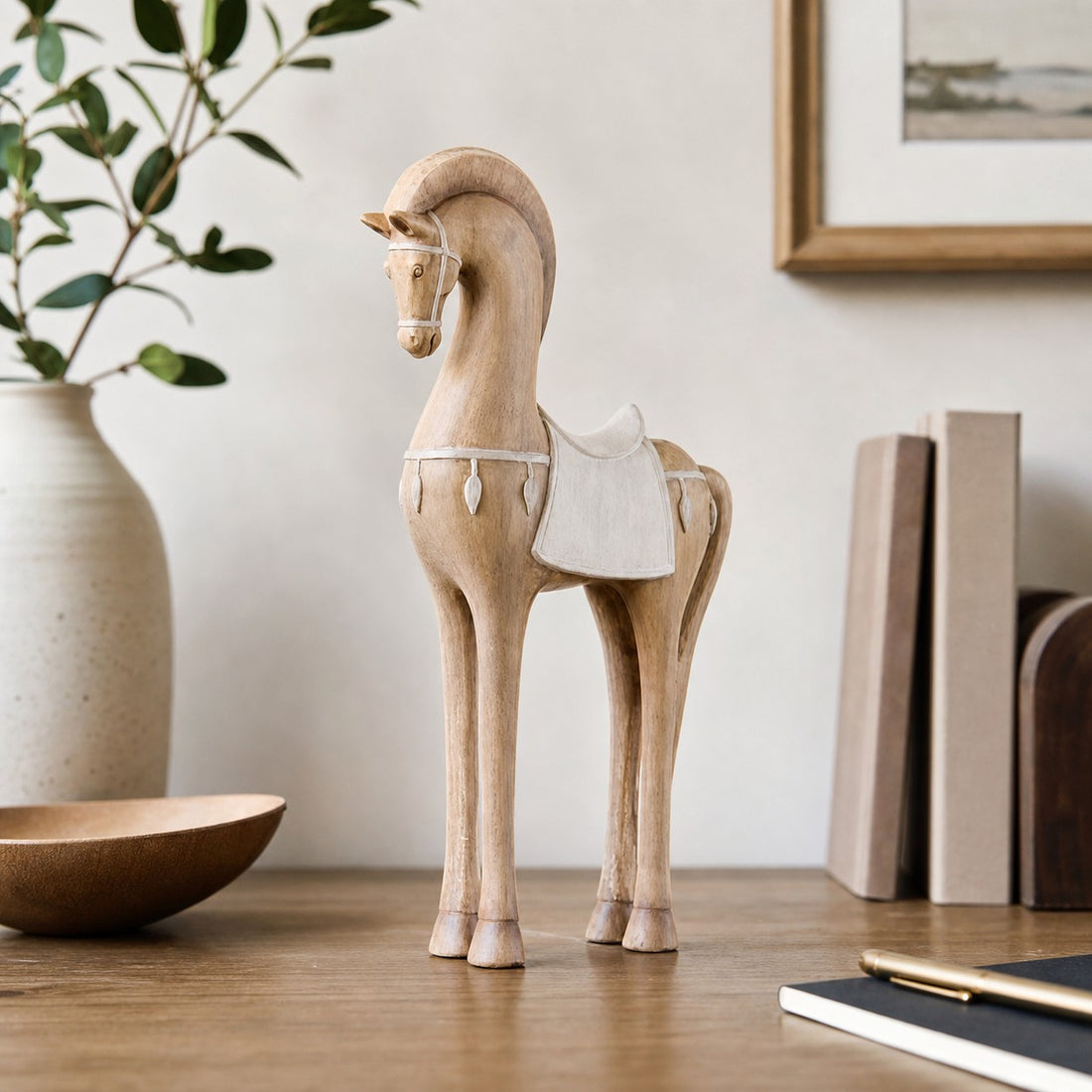 Equora standing horse sculpture on a styled console