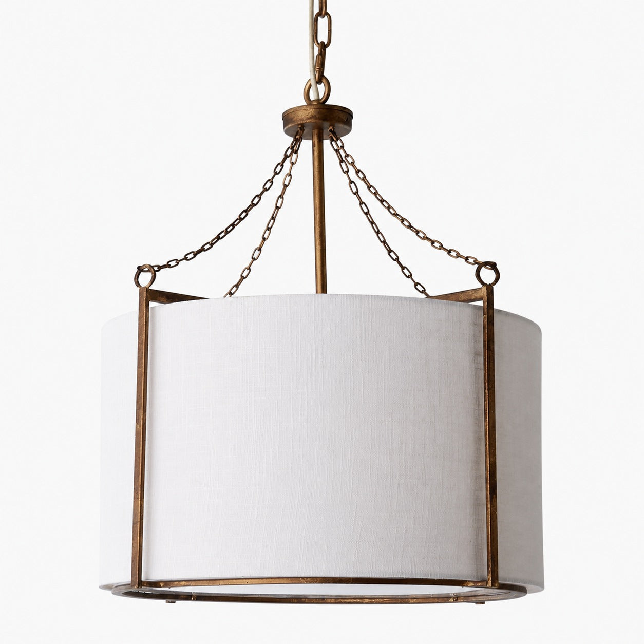 Antique Brass Carousel Chandelier with White Linen Drum Shade for Dining Room