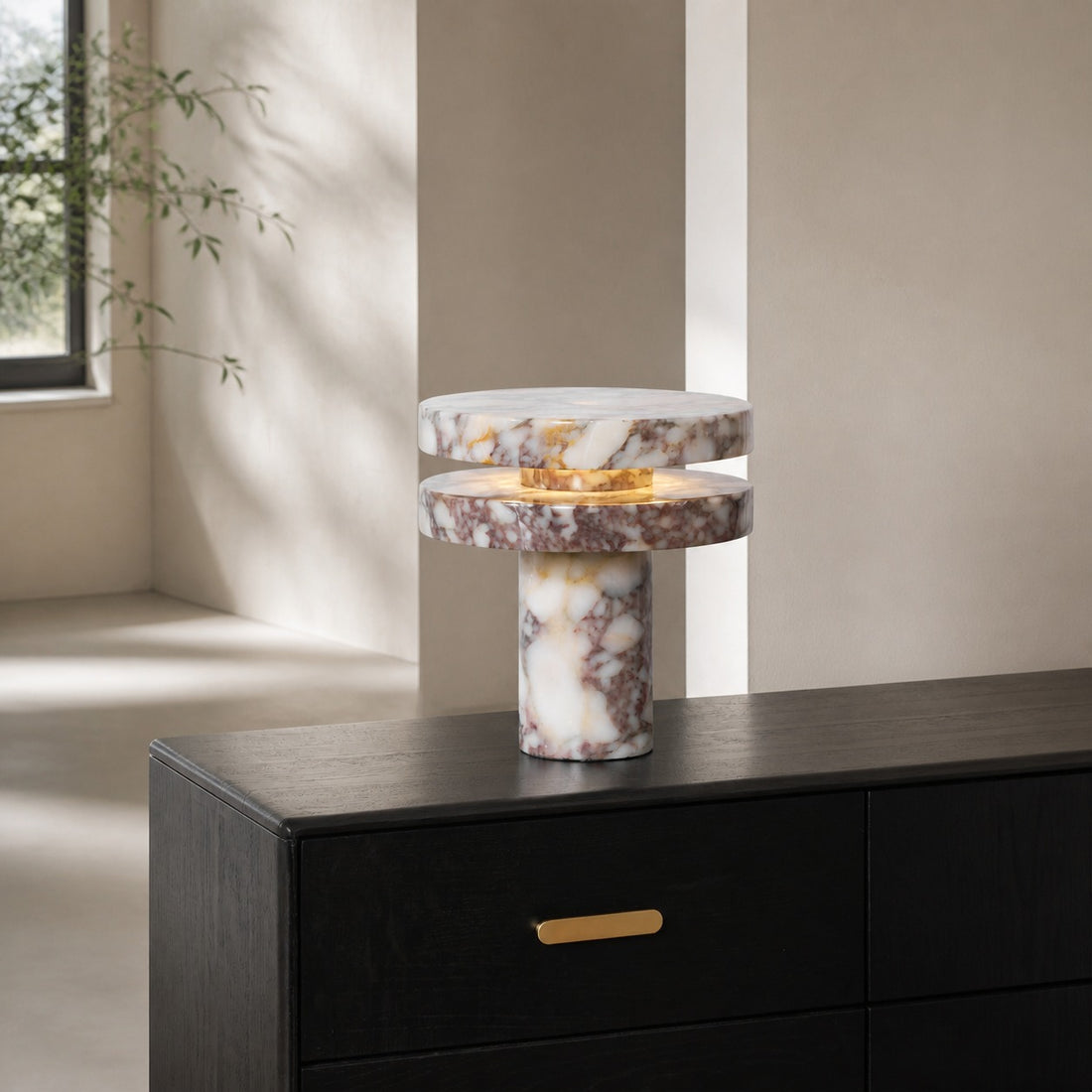 Modern Sculptural Table Lamp with Cylindrical Base Design for Bedroom Bedside and Living Room Use