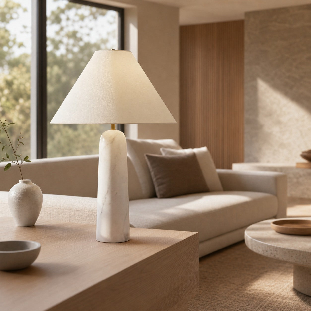 Albi Minimalist Marble Table Lamp – Elegant Fabric Shade Suitable for Any Room