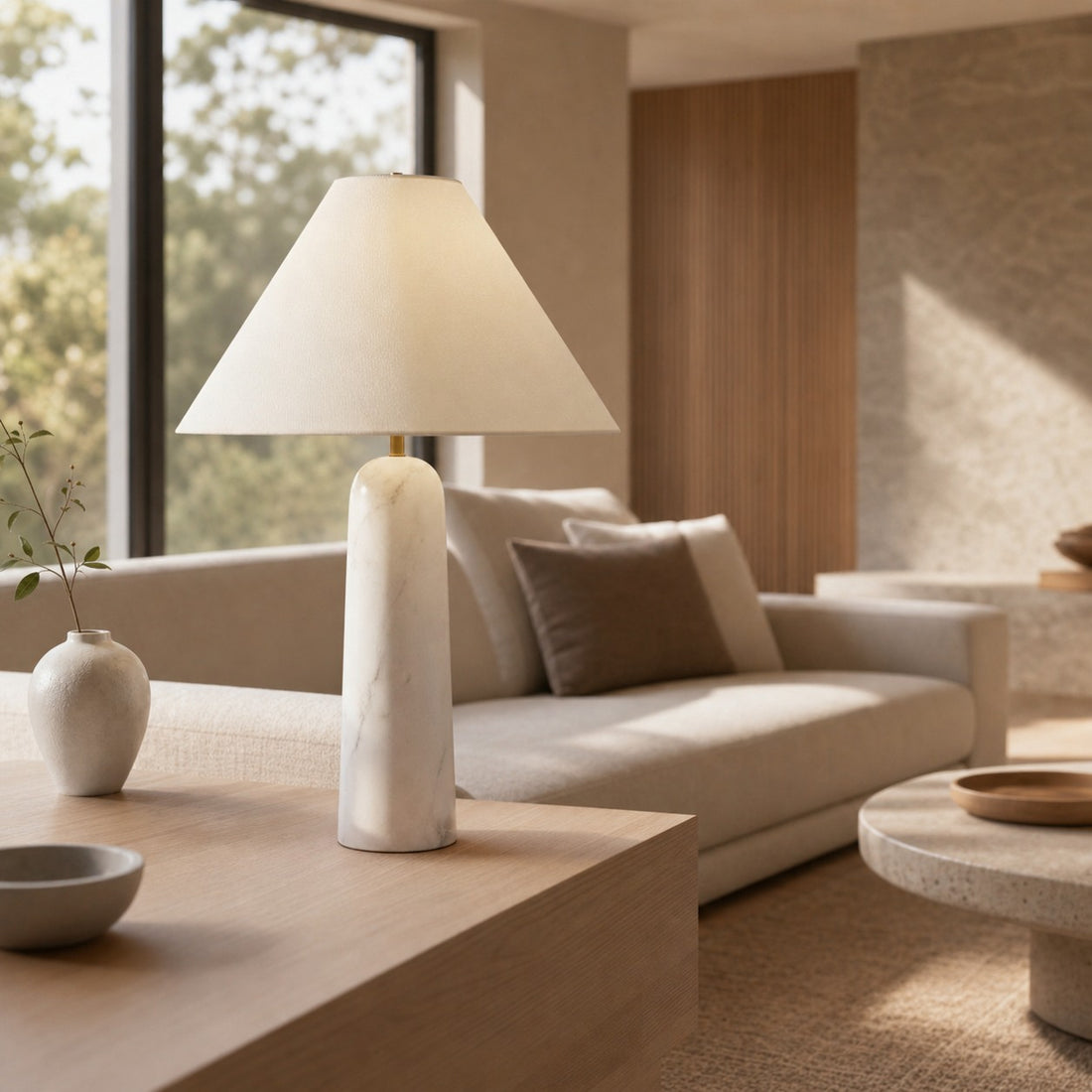 Albi Minimalist Marble Table Lamp – Elegant Fabric Shade Suitable for Any Room