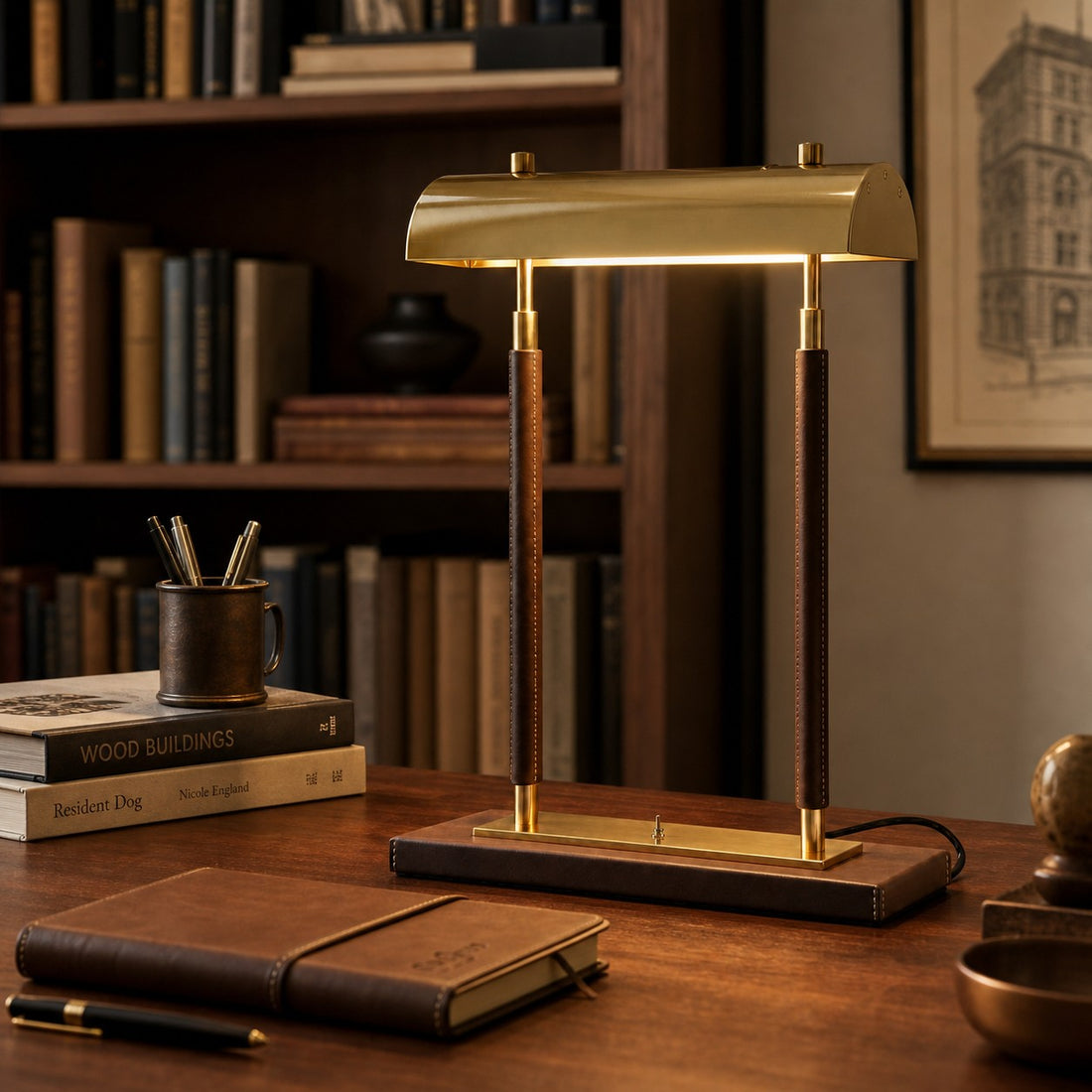 Brown leather table lamp in a warm library