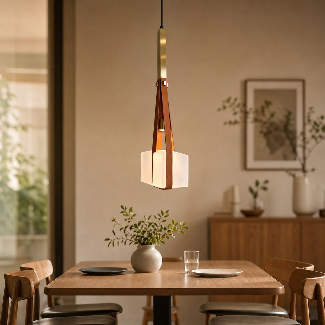 Brown leather and white glass pendant lamp above a dining table