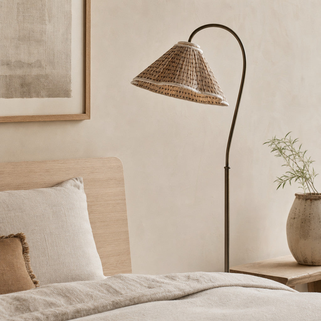 Solmire Floral Gooseneck Floor Lamp - Pleated Fabric Metal Shade for Living Room and Bedroom