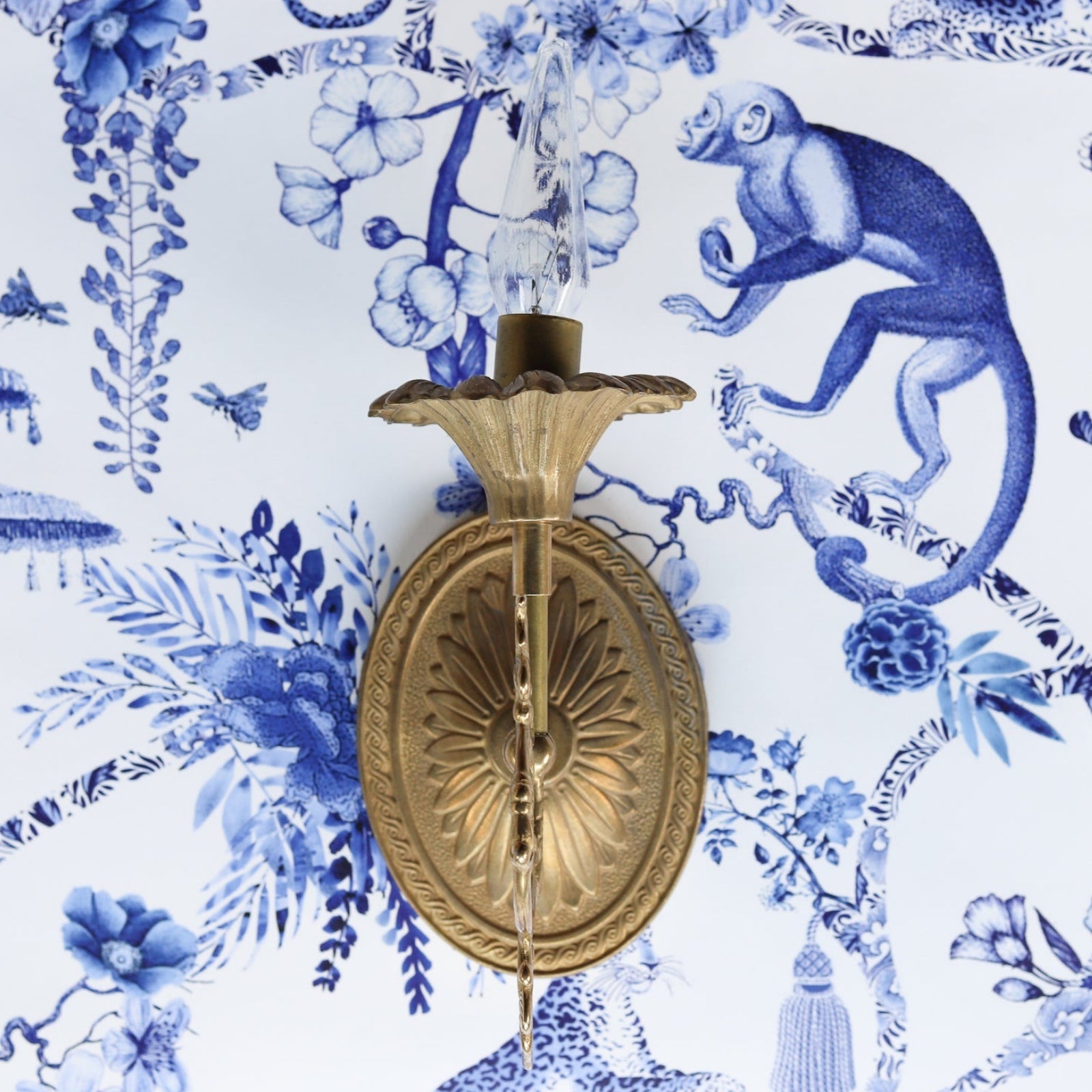 Victorian Inspired Brass Sconce Wall Light - Floral Cup & Leaf Arm Accent