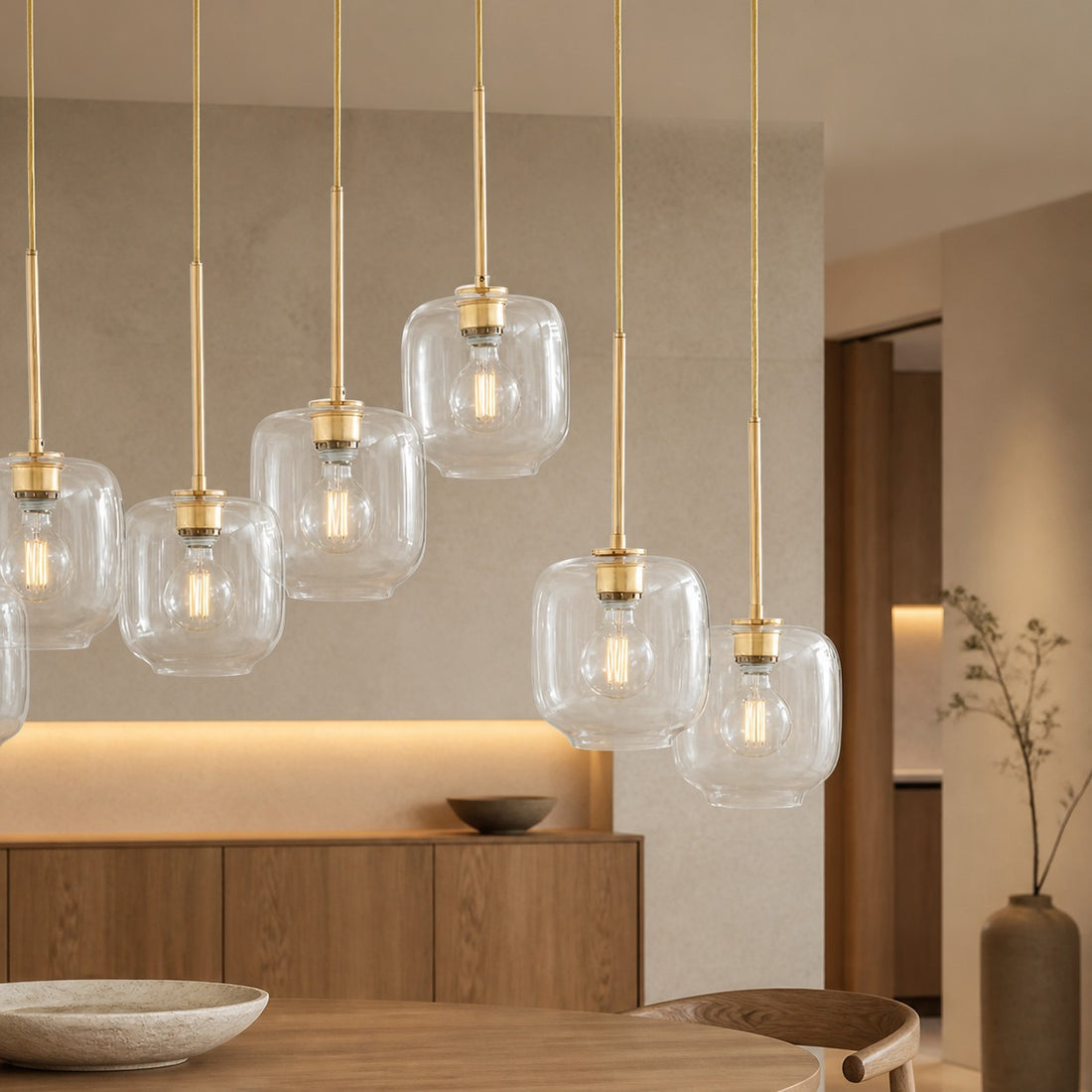 Lumivelle Sculptural 7-Light Chandelier – Adjustable Height Modern Glass Pendant
