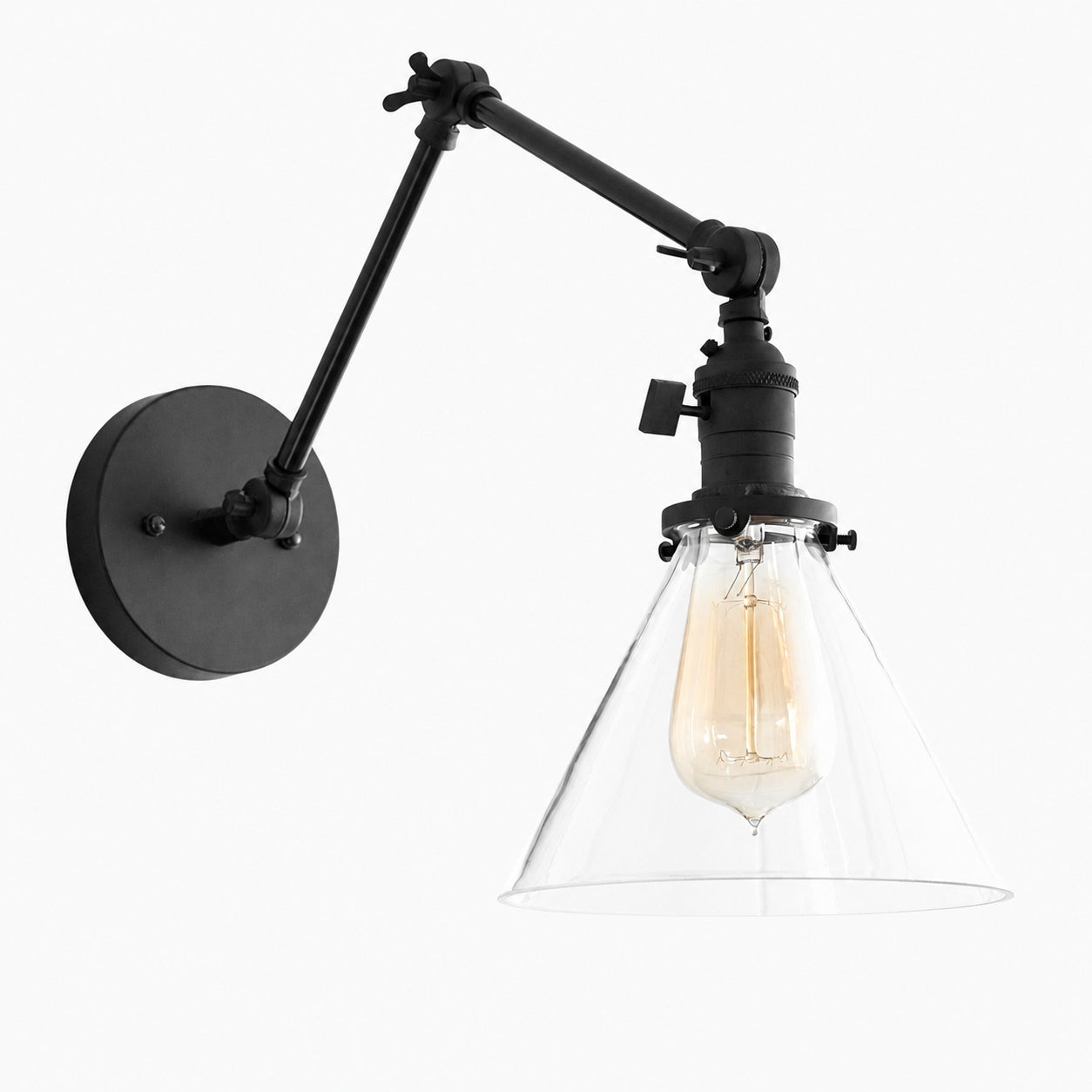 Conique Metal Industrial Wall Sconce with Adjustable Arm - Vintage Glass Cone Shade
