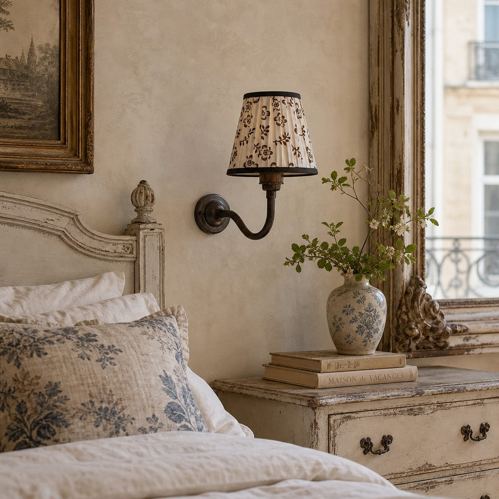 Solmire Fabric Wall Sconce - Vintage Linen Cotton Shade with Curved Metal Arm for Bedroom and Hallway