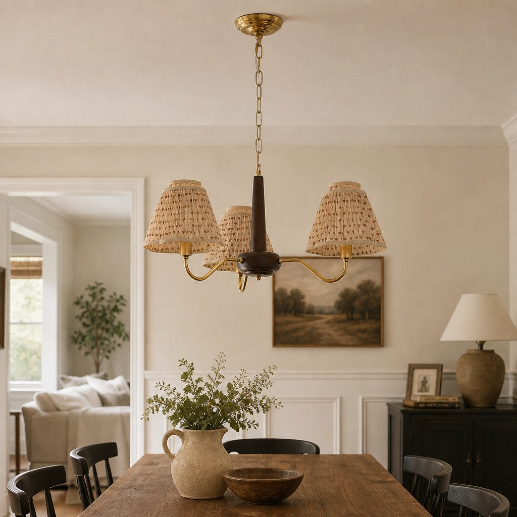 Solmire Rustic Chandelier - Wood and Metal Floral Fabric Shades for Living Room
