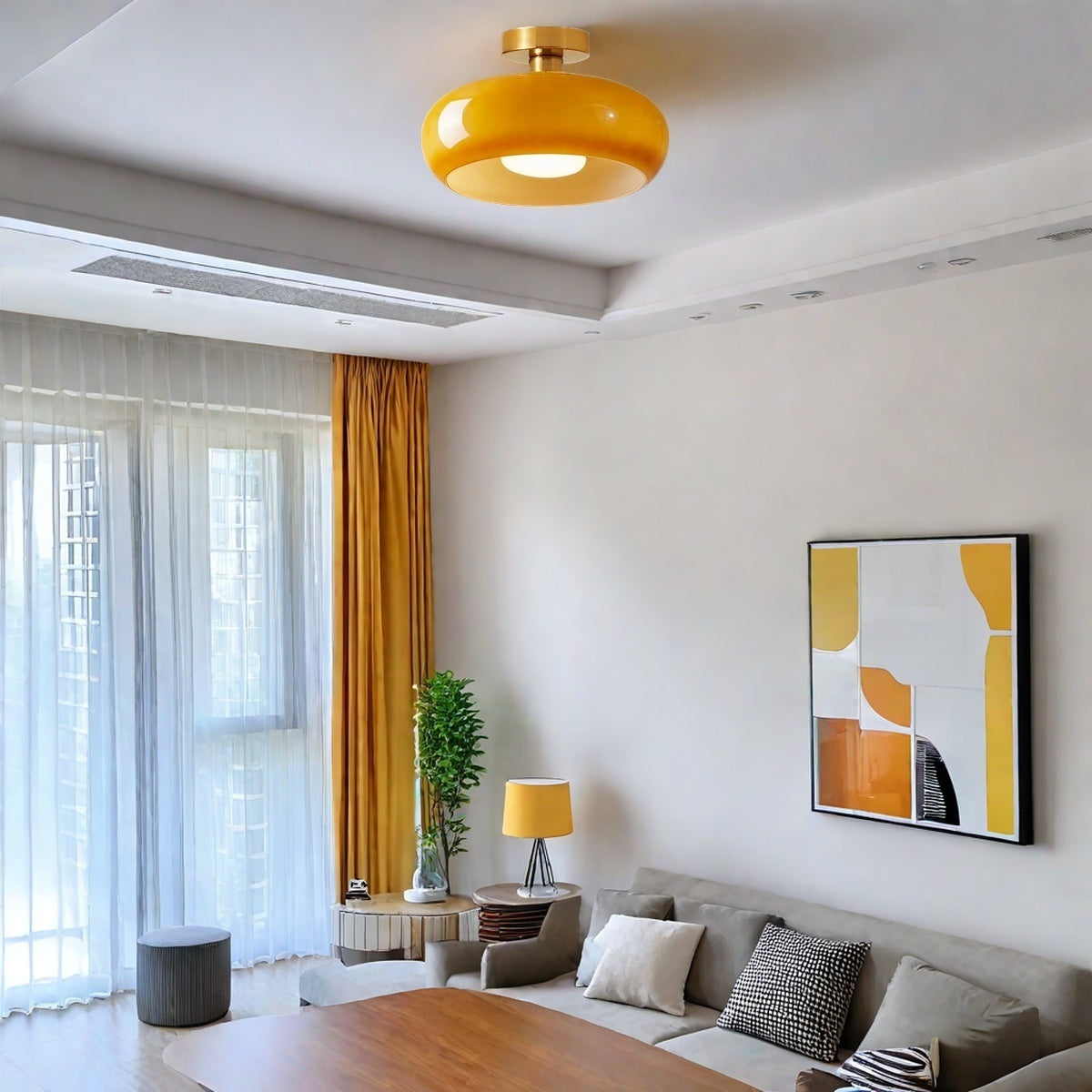 Nordic Style Bauhaus Glass Ceiling Lamp - Retro Brass Glass Disc Light