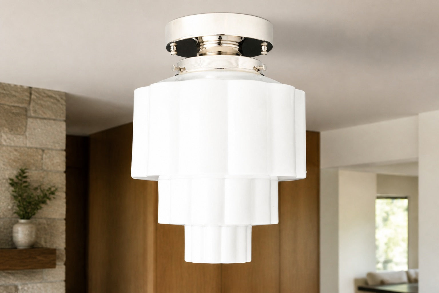 Geotower Glass Brass Ceiling Light – Art Deco Ribbed Globe Flush Mount