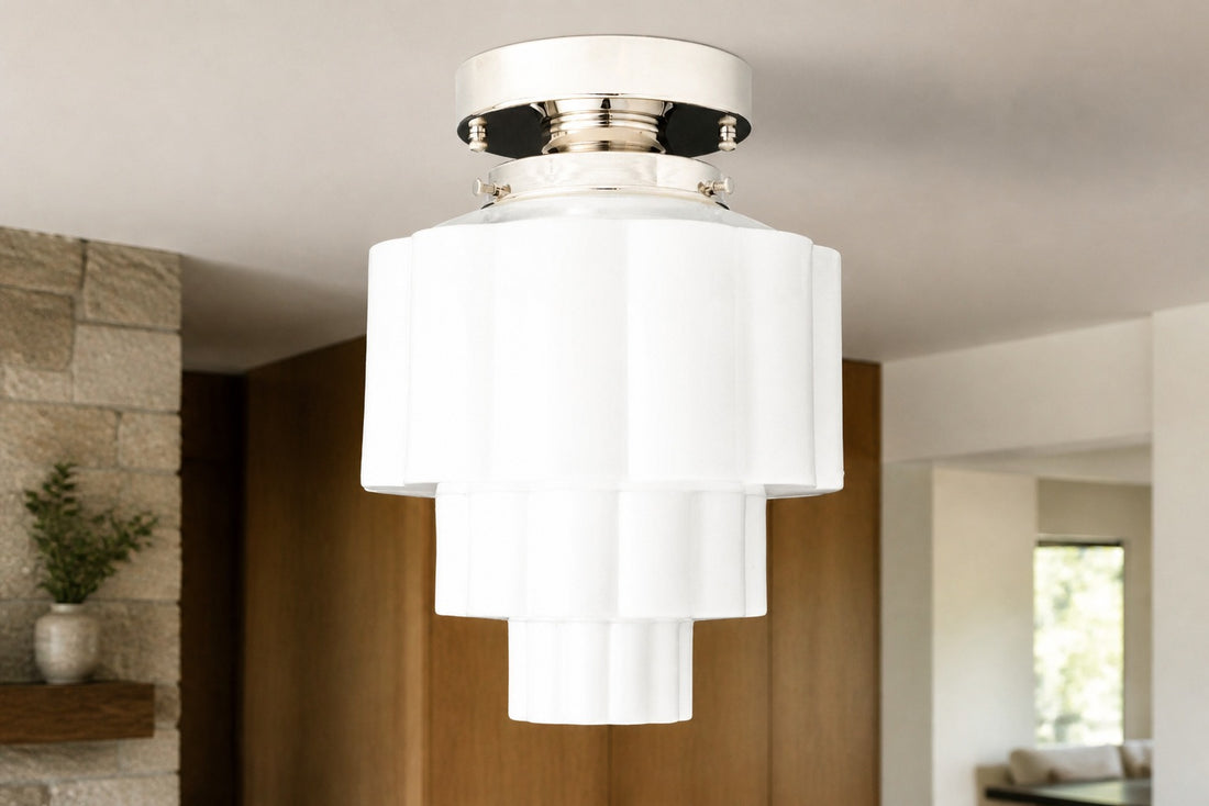 Geotower Glass Brass Ceiling Light – Art Deco Ribbed Globe Flush Mount