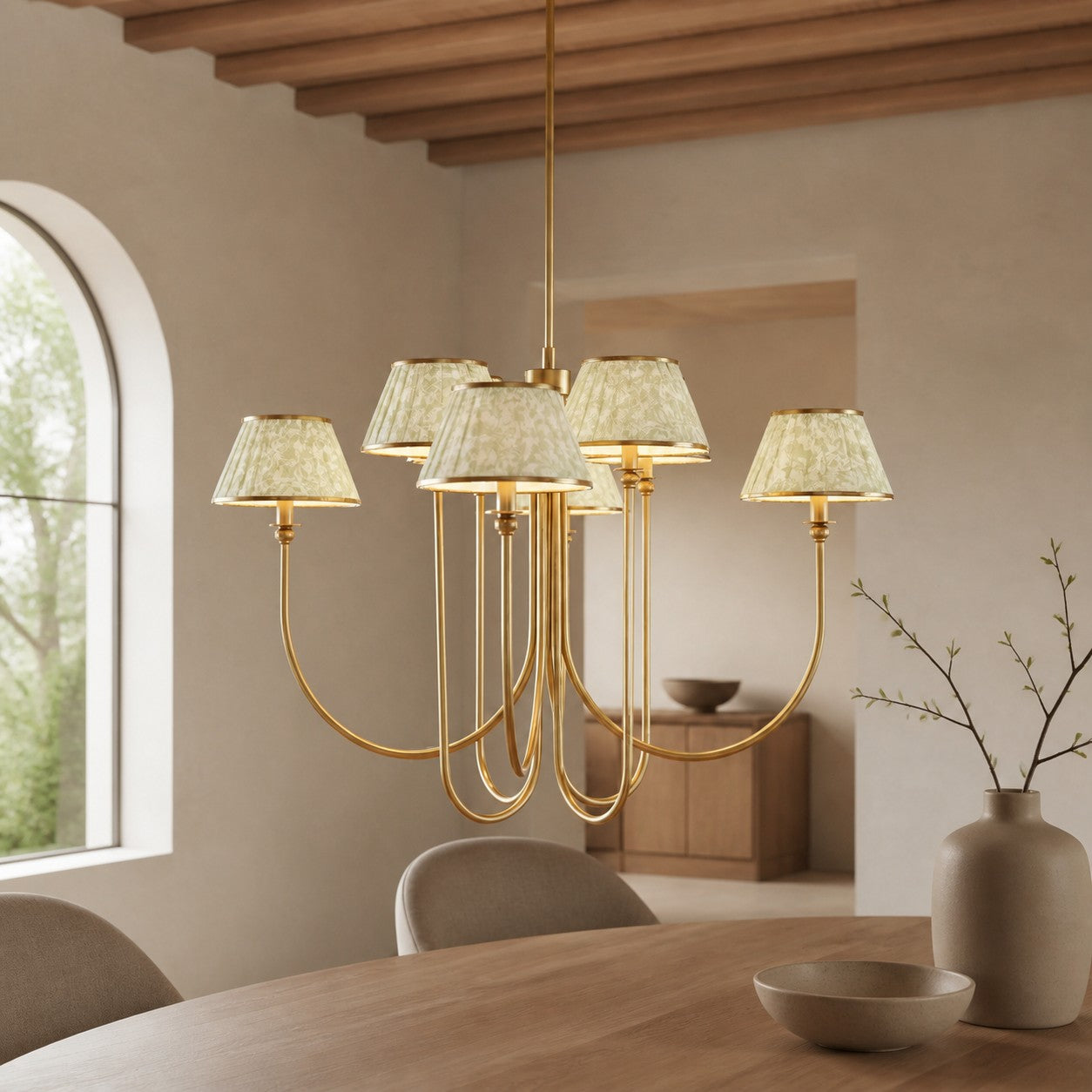 Ruchee Chandelier – Layered Fabric Shade Brass Ceiling Light for Dining or Living Spaces