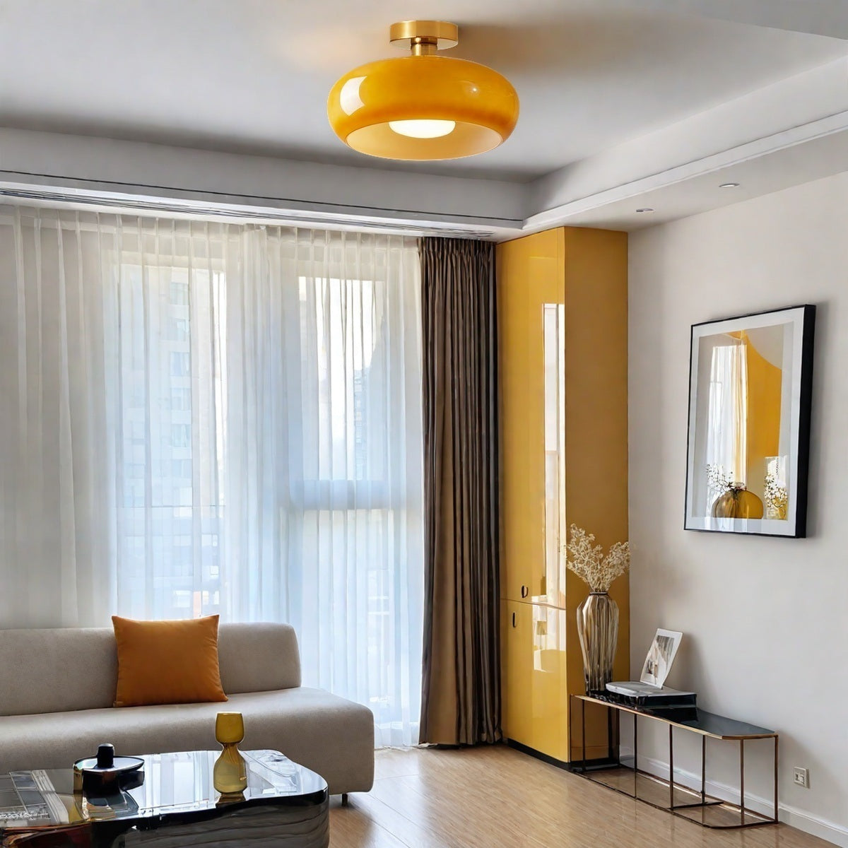 Nordic Style Bauhaus Glass Ceiling Lamp - Retro Brass Glass Disc Light