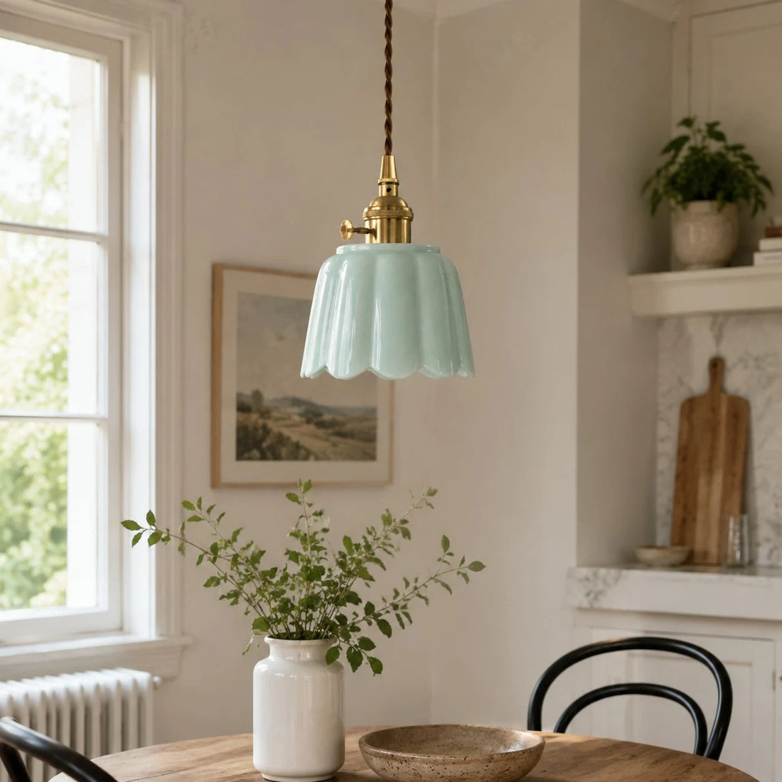 Ceramic lotus pendant in a dining corner