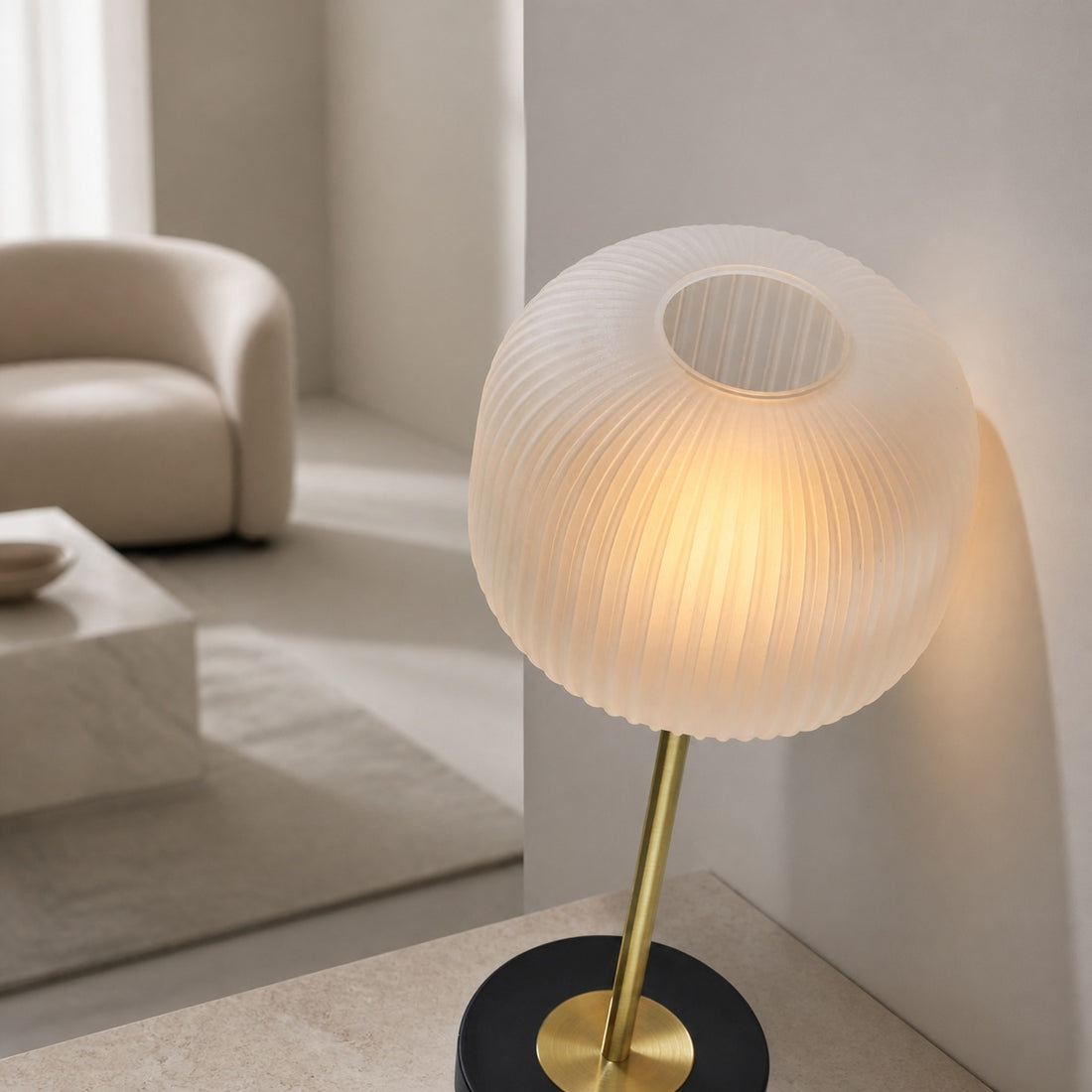 Pelviona Ribbed Glass Table Lamp - Brass & Black Metal Base - Must-Have for Home Styling
