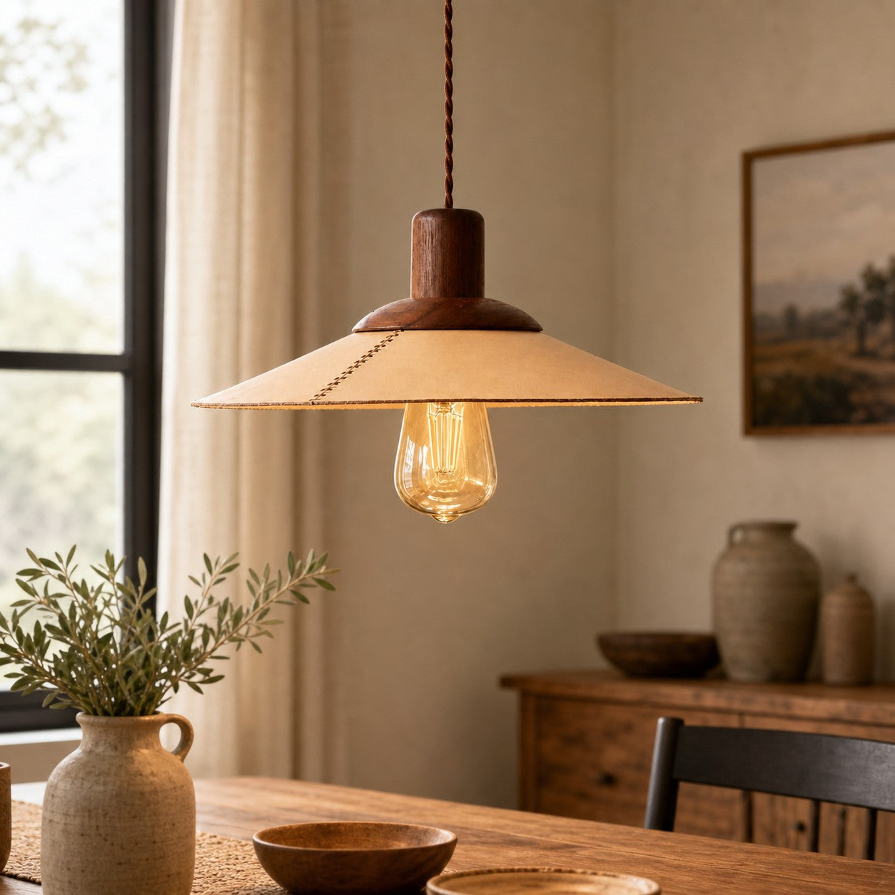 Natural leather pendant in a warm dining room