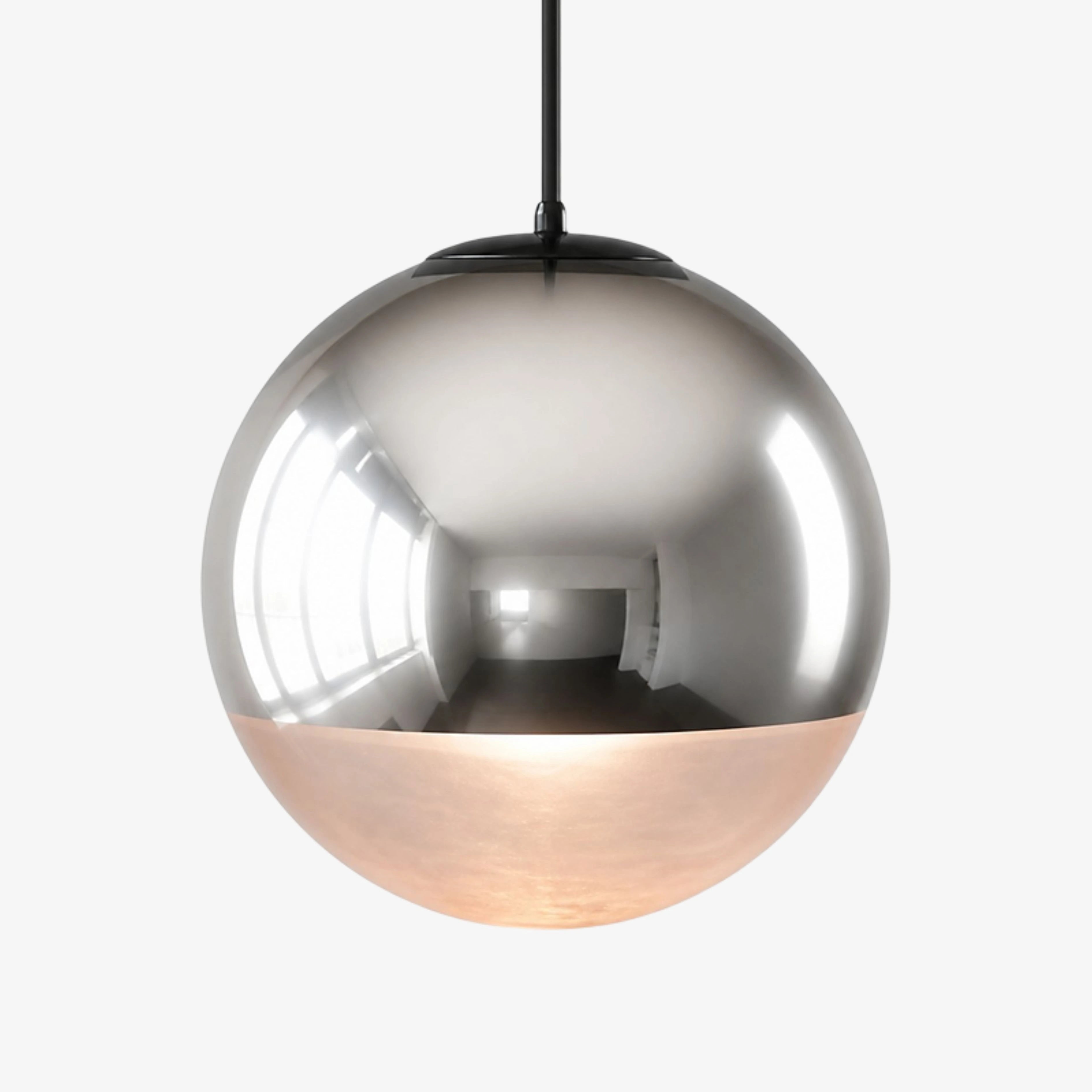 Mirrored glass globe detail on Luma pendant light
