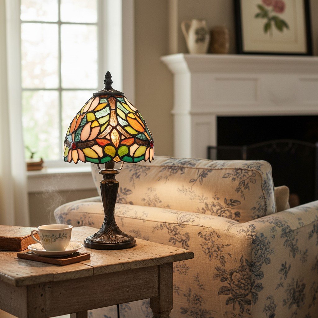 Calyra Vintage Floral Stained Glass Table Lamp - Art Deco Tiffany Style Accent Light for Bedside and Living Room