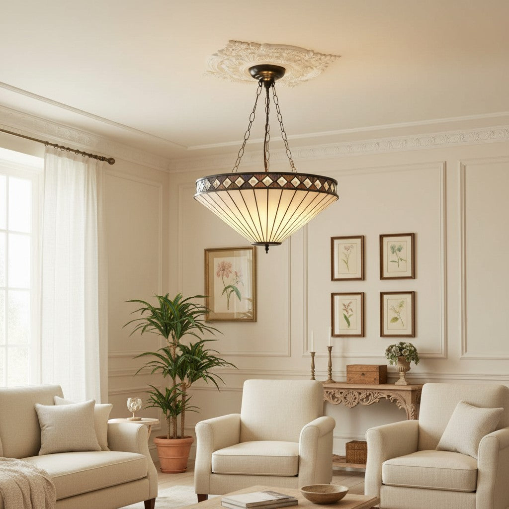 TF Fargo Adjustable Pendant with Stained-Glass Inspired Inverted Shade for Island and Dining