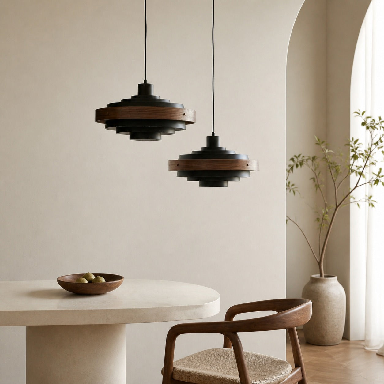 Layervelle Contemporary Tiered Pendant Light – Sculptural Wood and Metal Hanging Lamp for Living Spaces