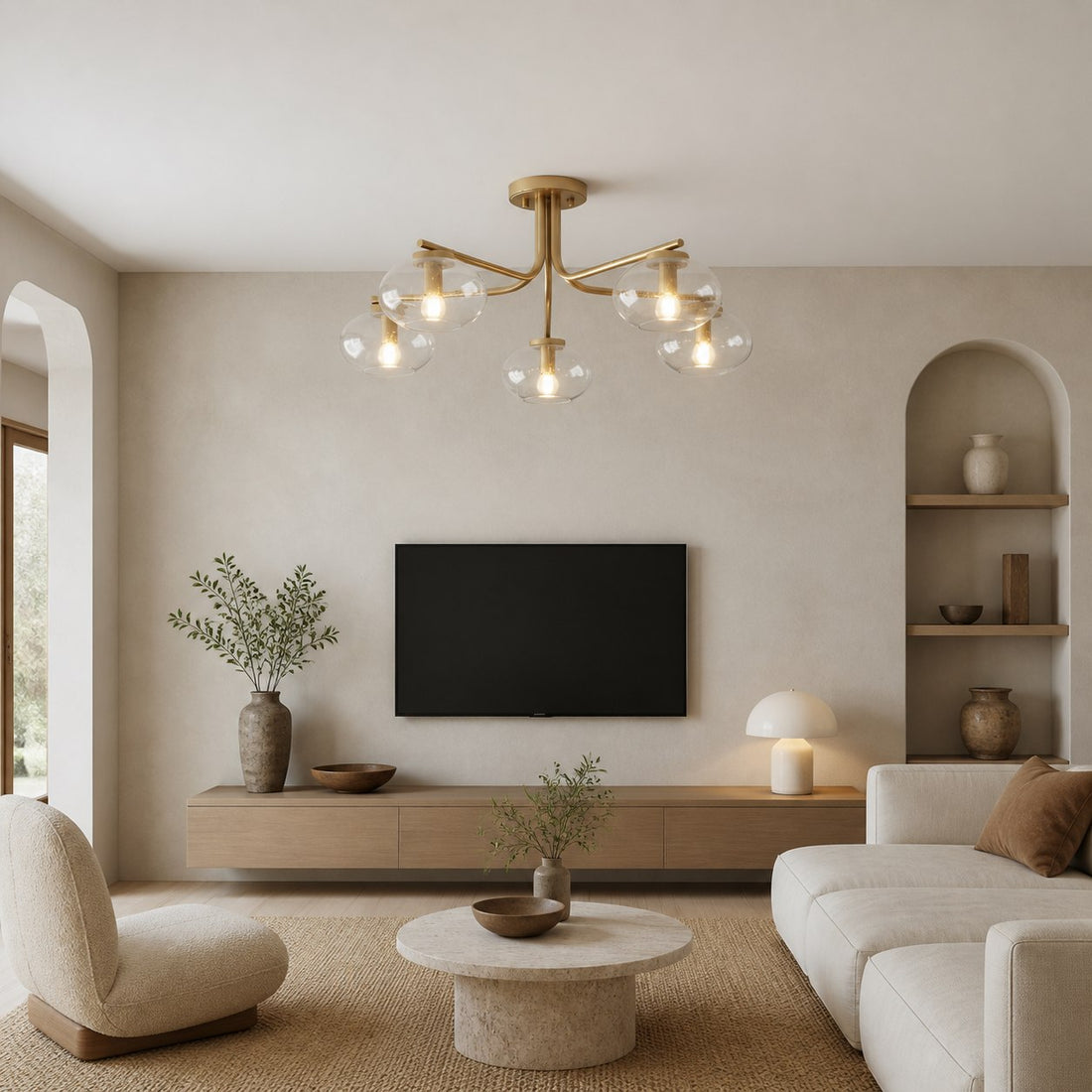 Bublaris Bubble-Glass Semi-Flush Ceiling Light - Curved Brass Arms for Living Room or Hallway