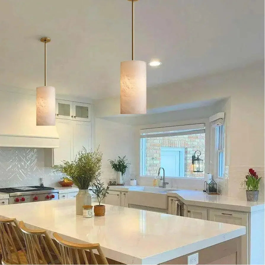 Hand Carved Alabaster Cylinder Pendant Light