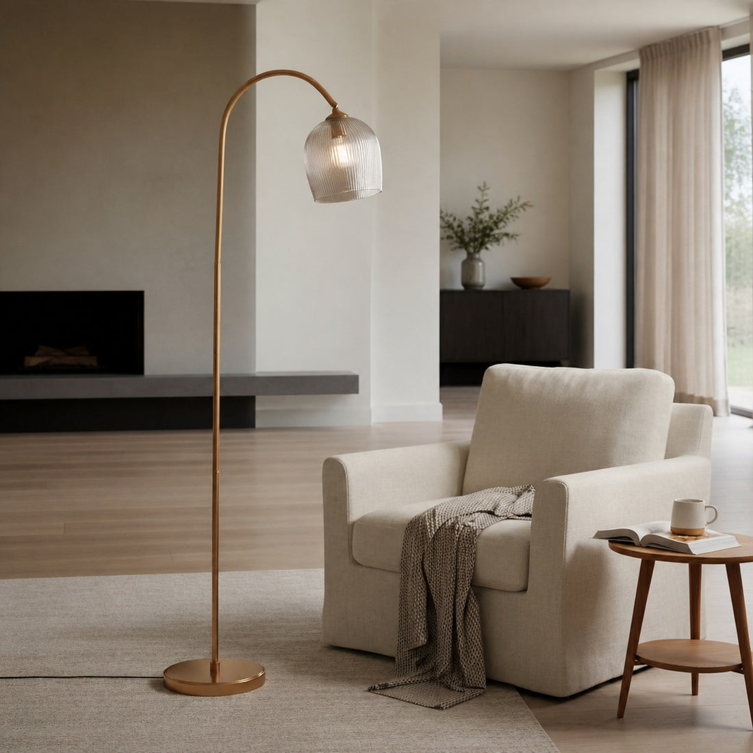 Brazara Adjustable Glass Shade Floor Lamp – Curved Metal Stem for Living Spaces
