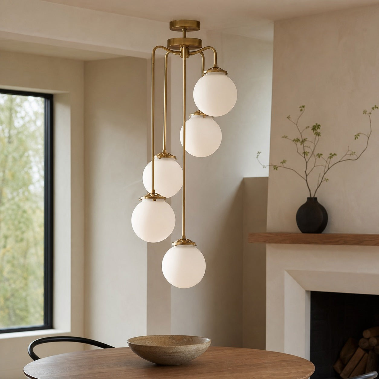 Glorica Glass 5 Globe Chandelier - Brass and Opal Glass Vintage Pendant Light