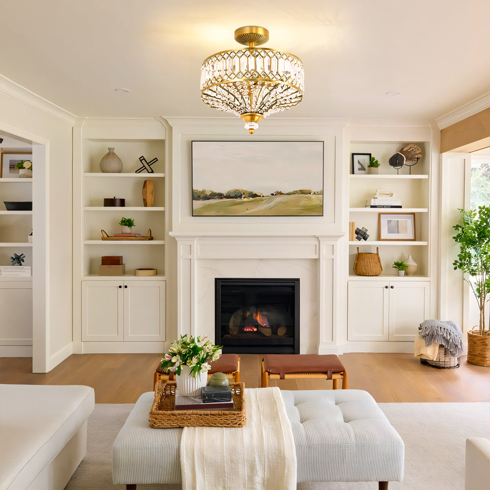 Crystal Drum Ceiling Light –  Glass Semi Flush Mount Lamp for Hallway