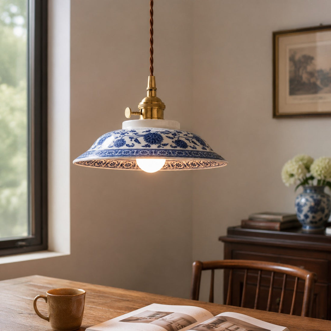 Blue And White Ceramic Pendant Light with Brass Accents