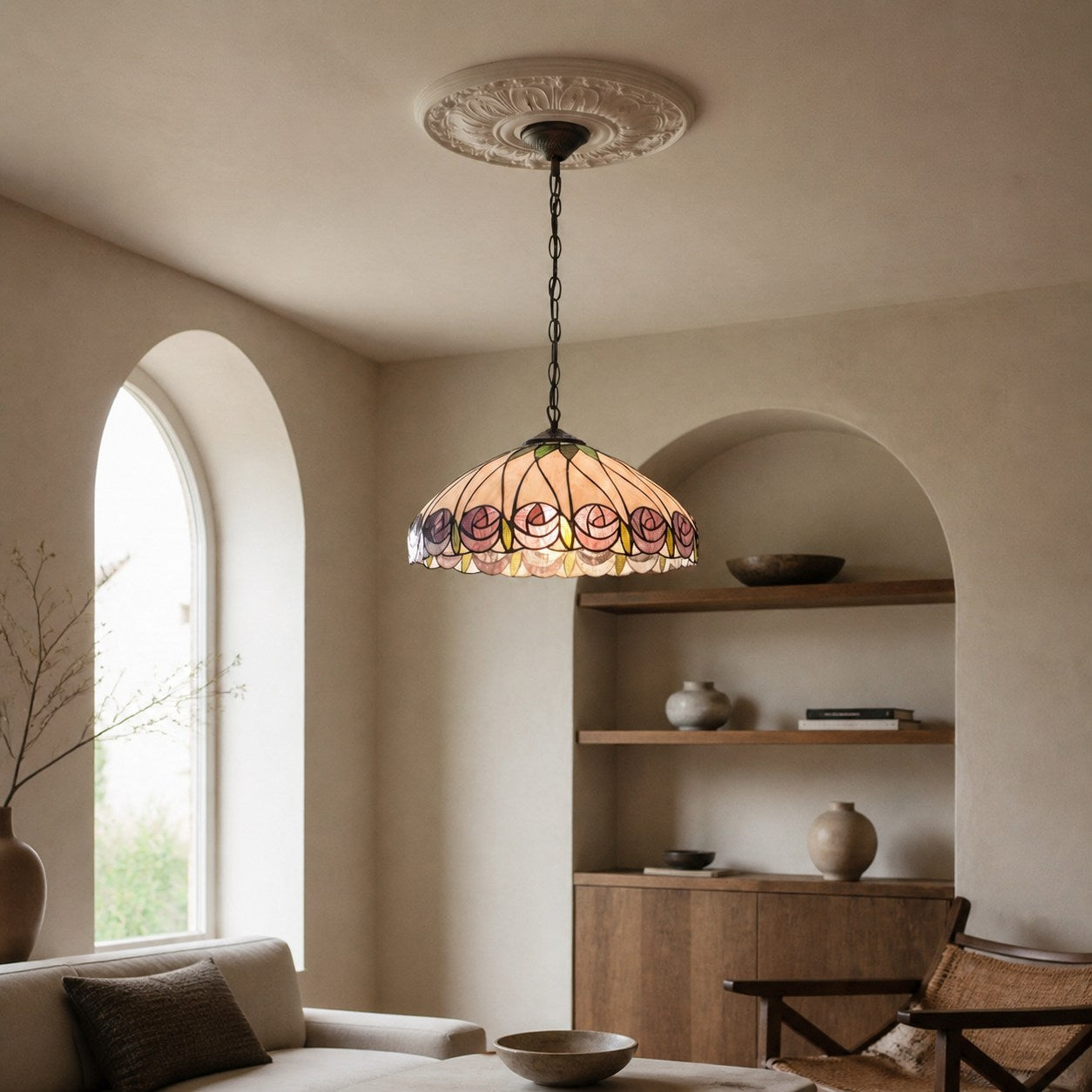 TF Hutchinson Tiffany Glass Pendant Light with Artistic Mosaic Design for Dining and Living Spaces
