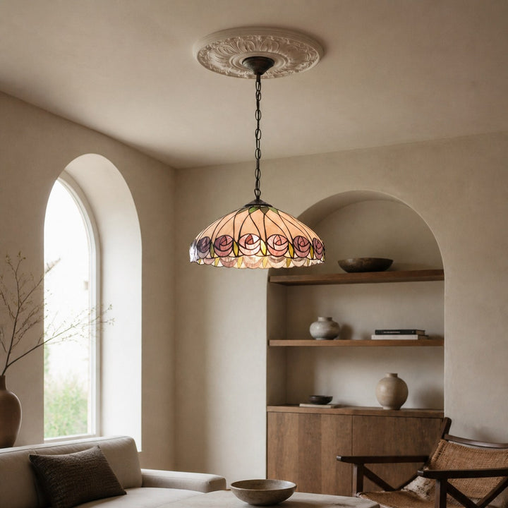 TF Hutchinson Tiffany Glass Pendant Light with Artistic Mosaic Design for Dining and Living Spaces