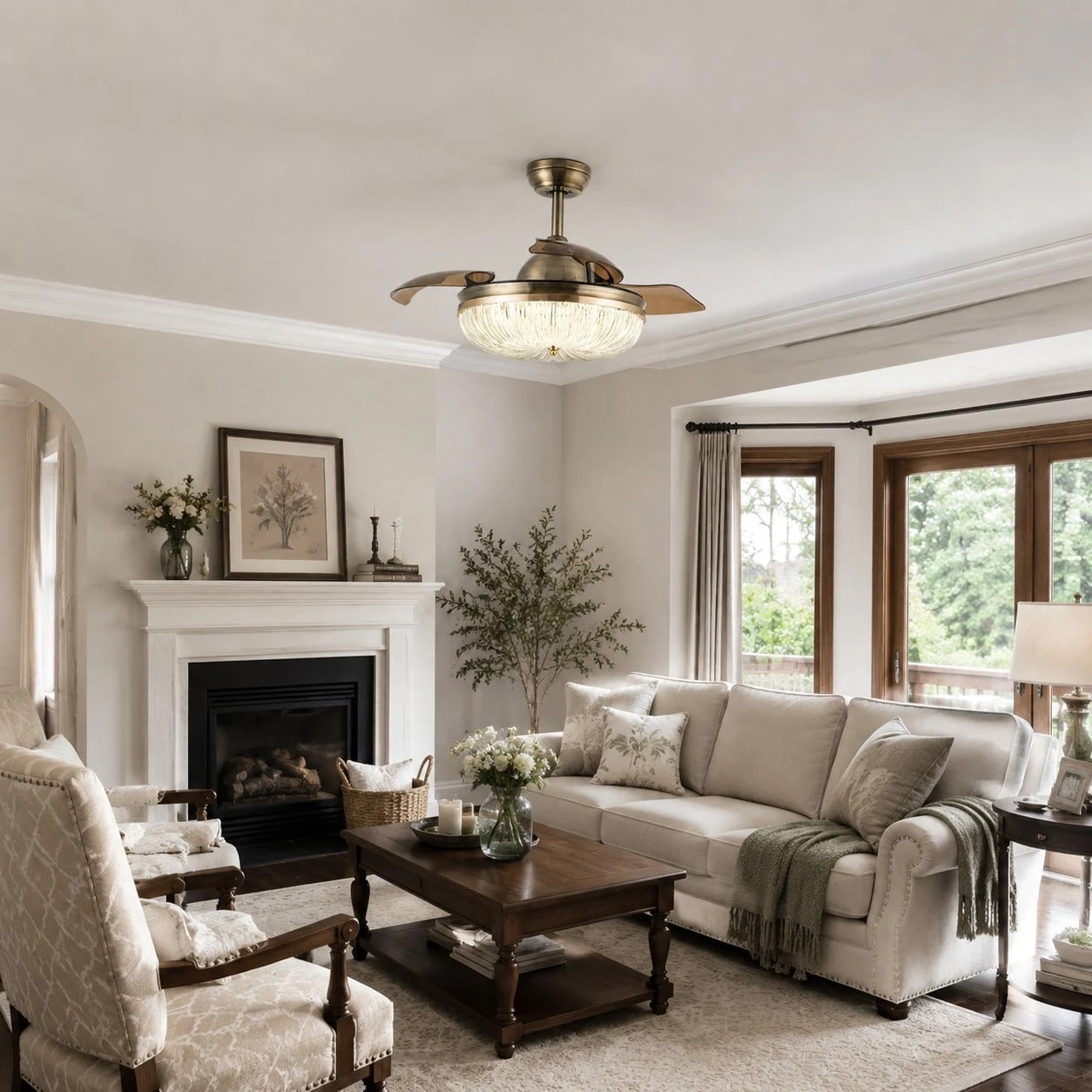 Classic living room with brass ceiling fan light above seating