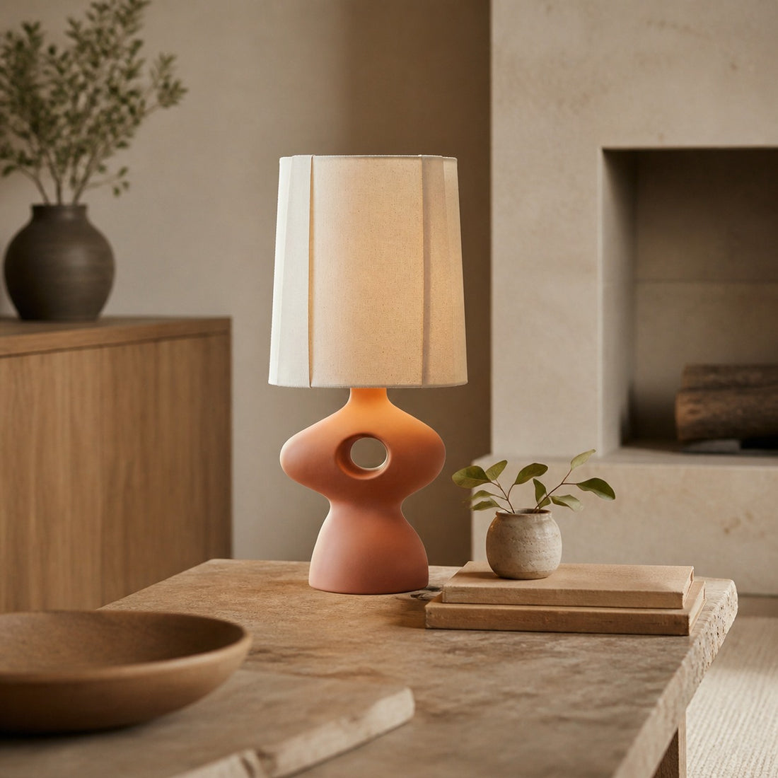 Pryssa Ceramic Table Lamp with Ivory Linen Shade -  Artistic Lighting for Living Room or Bedroom